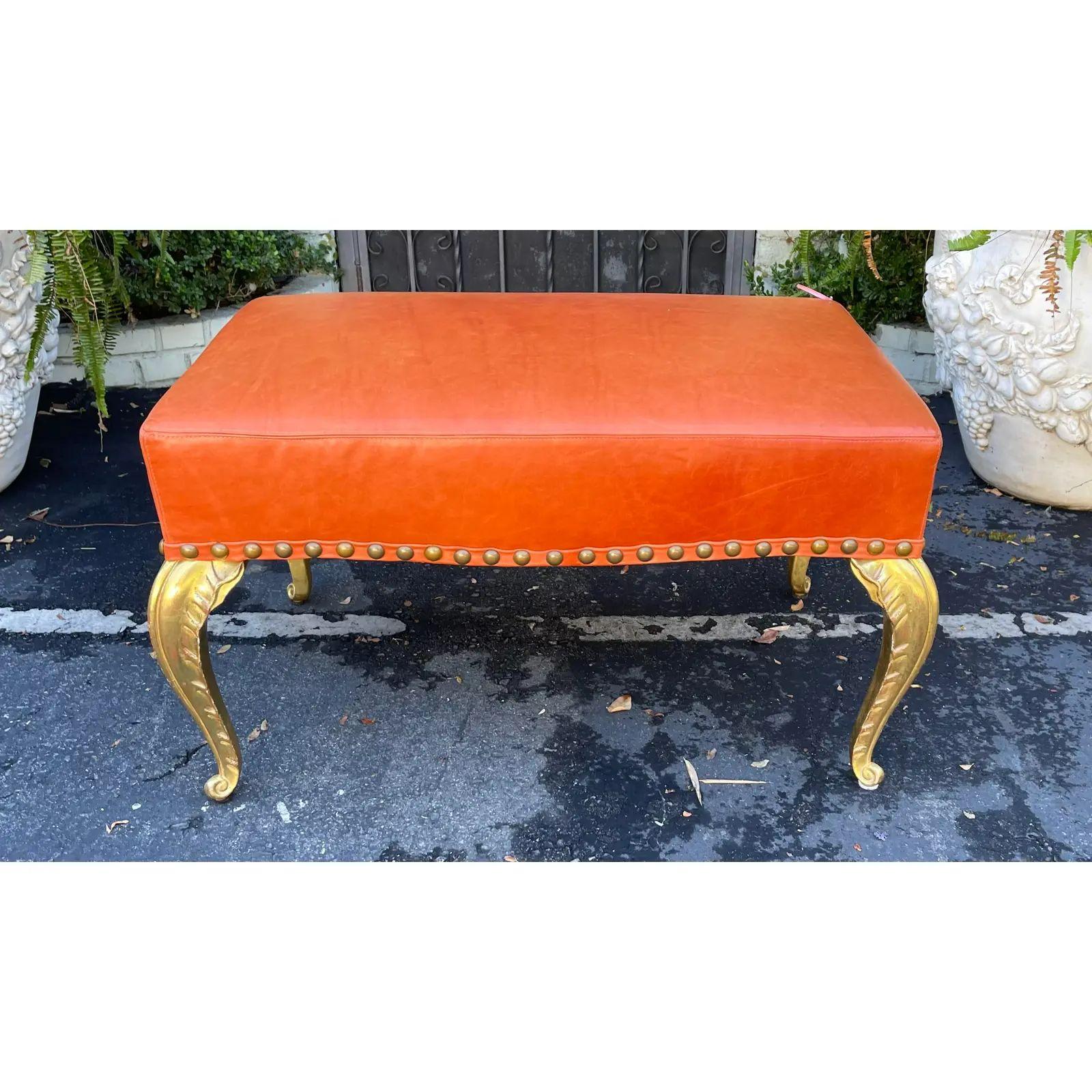 Contemporary French Deco Gilt-Wood Palm Leaf Orange Leather Bench by Randy Esada Designs For Sale