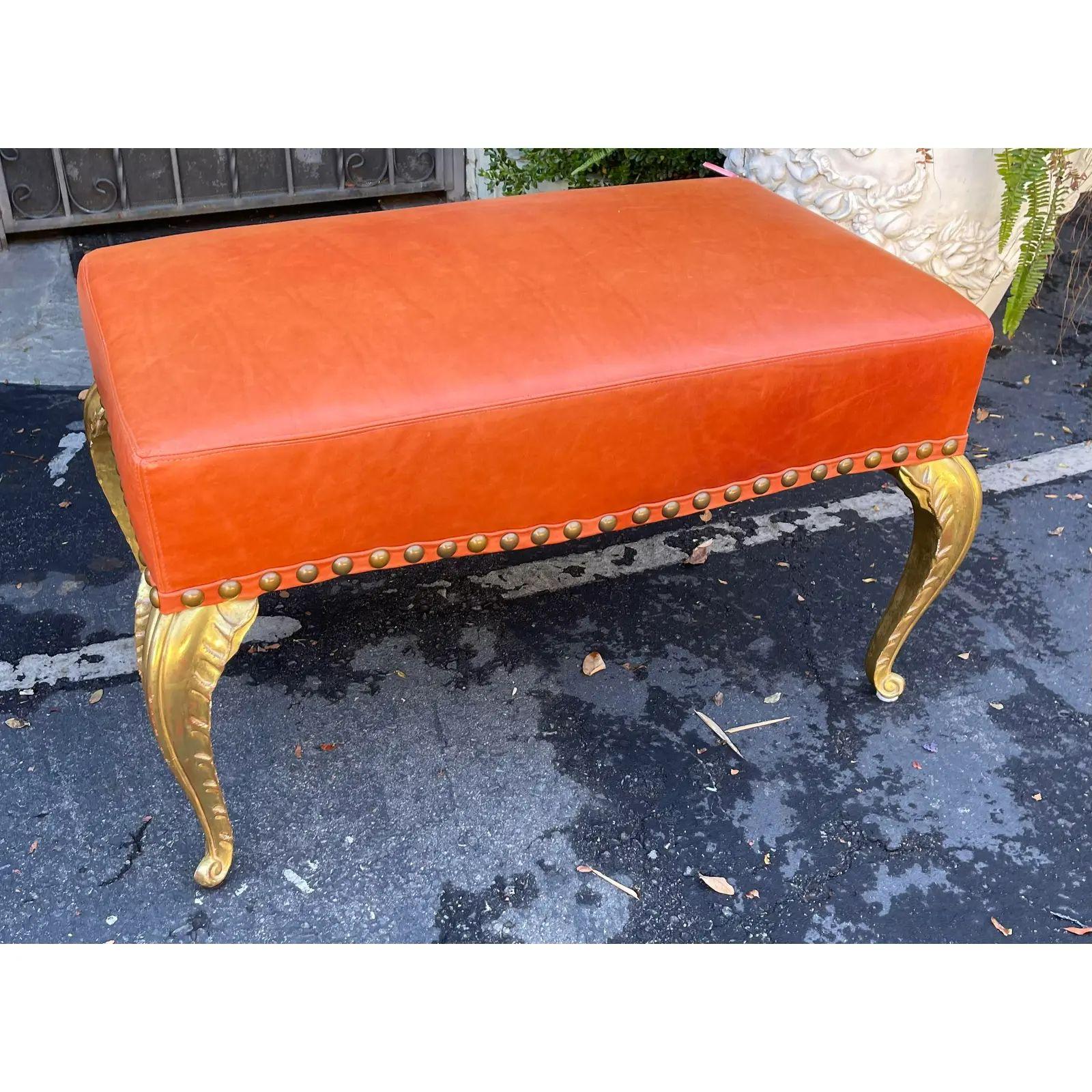 French Deco Gilt-Wood Palm Leaf Orange Leather Bench by Randy Esada Designs For Sale 1