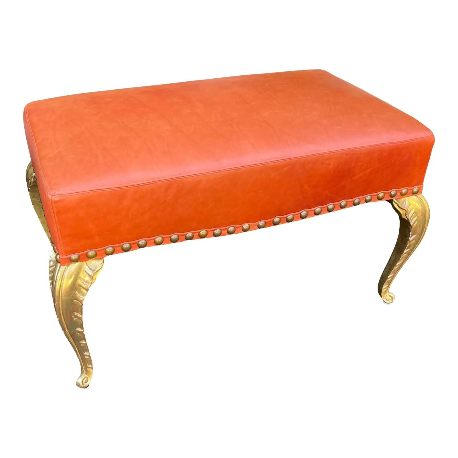 French Deco Gilt-Wood Palm Leaf Orange Leather Bench by Randy Esada Designs For Sale