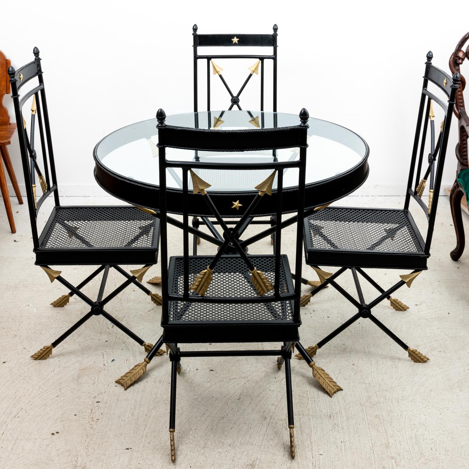 Glass French Deco Iron Table and Four Chairs For Sale