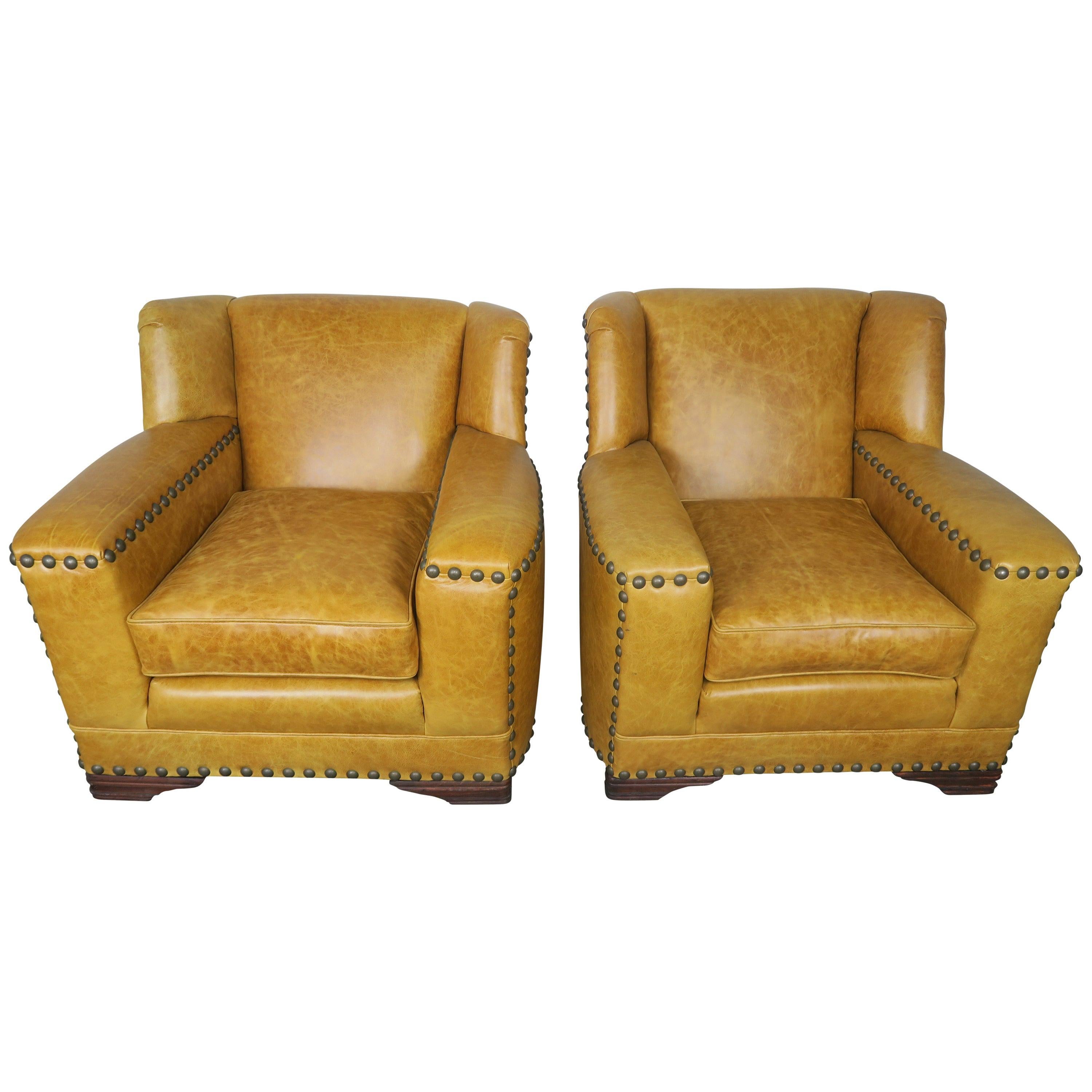 French Deco Leather Armchairs with Nailheads, Pair