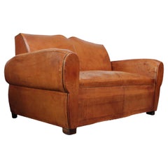 French Deco Leather "Mustache" Loveseat / Settee