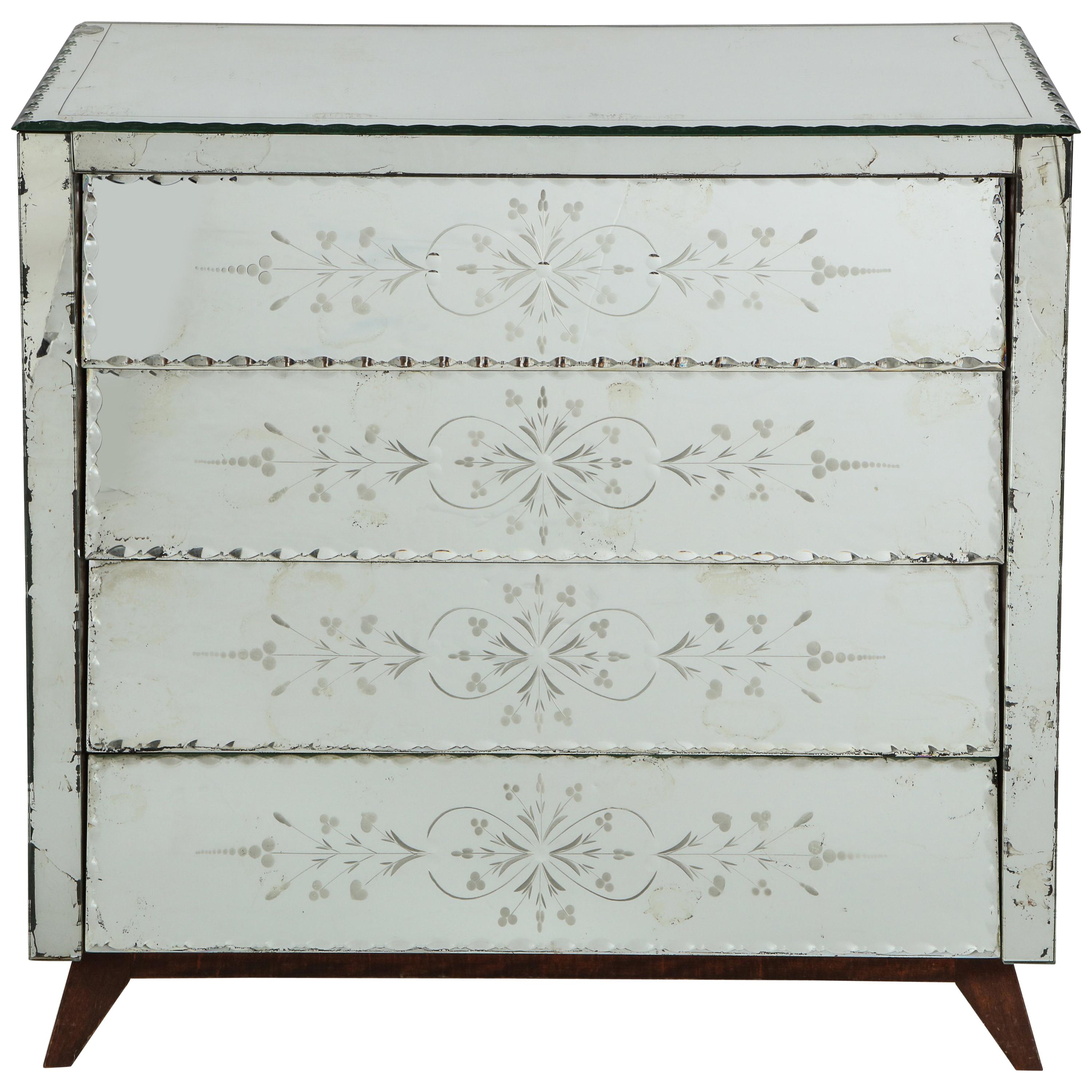 French Deco Mirrored Chest with Reverse-Cut  Decoration