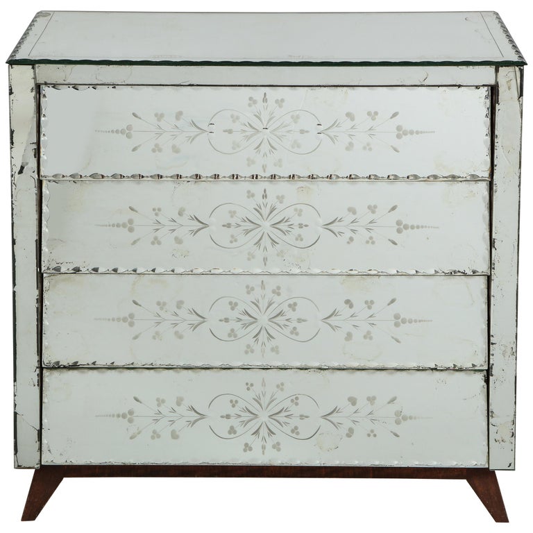 French Deco Mirrored Chest With Reverse Cut Decoration For Sale At