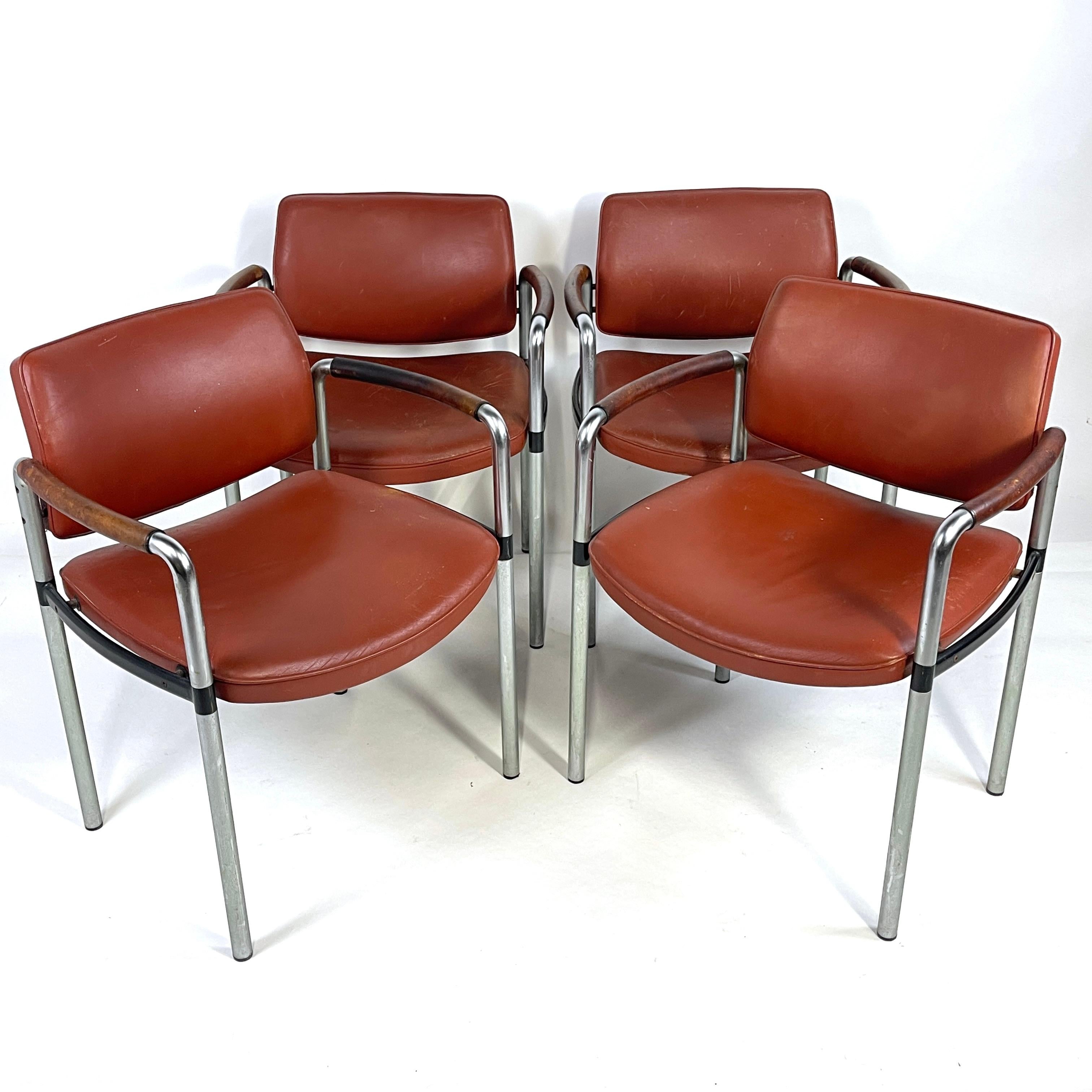 French Deco Modernist Leather and Steel Arm Chairs Machine Age 4 available For Sale 9