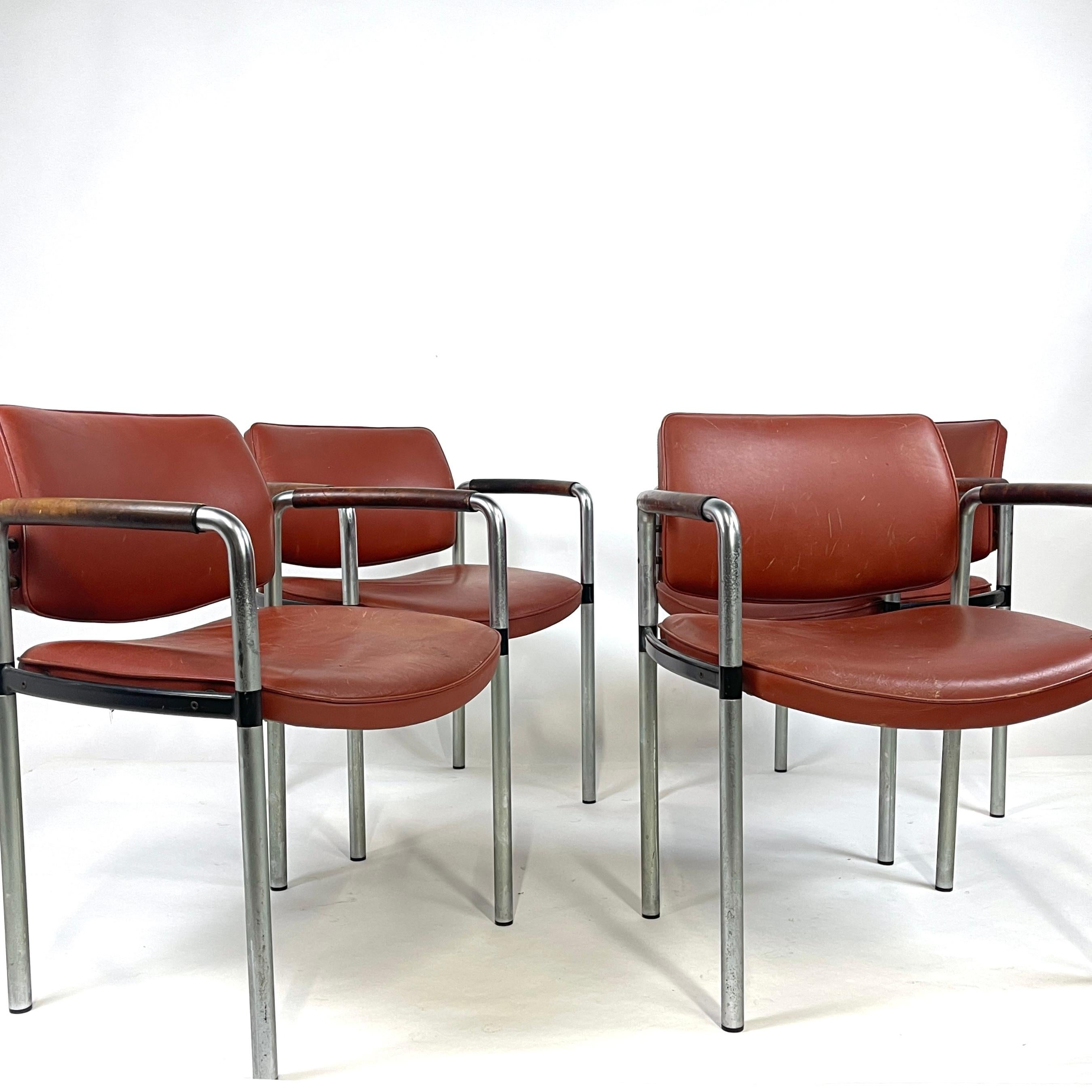 French Deco Modernist Leather and Steel Arm Chairs Machine Age 4 available In Good Condition For Sale In Hudson, NY