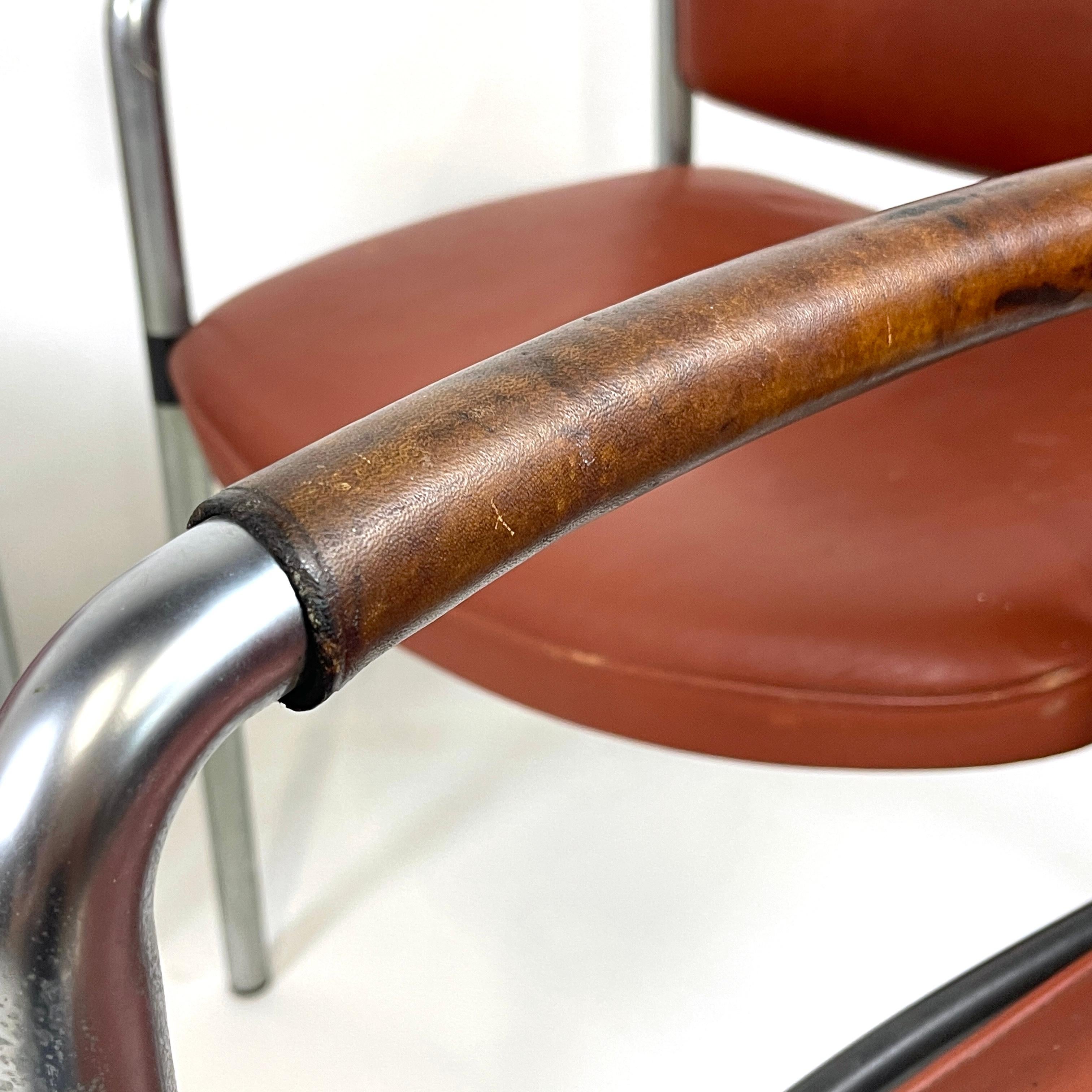 20th Century French Deco Modernist Leather and Steel Arm Chairs Machine Age 4 available For Sale