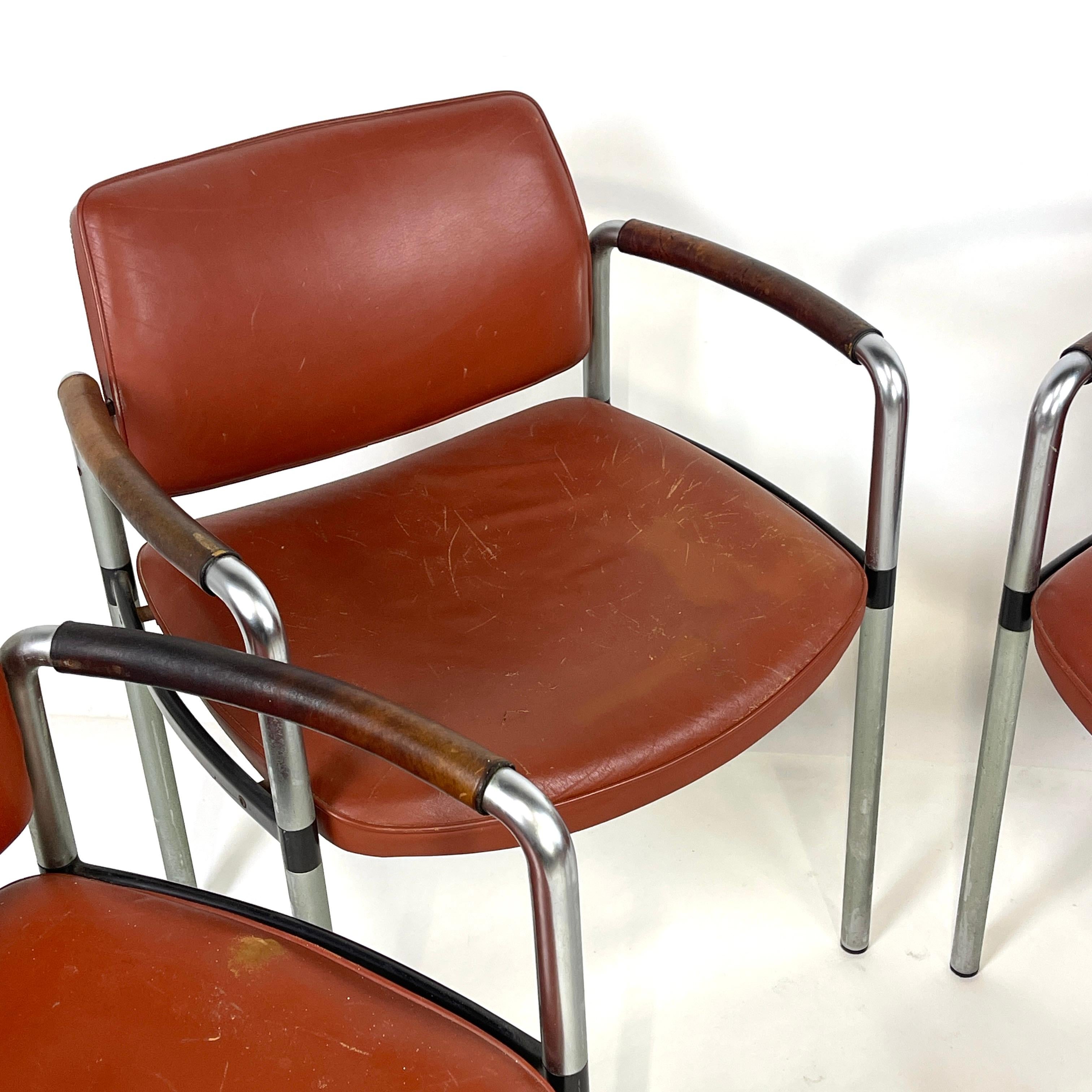 French Deco Modernist Leather and Steel Arm Chairs Machine Age 4 available For Sale 3