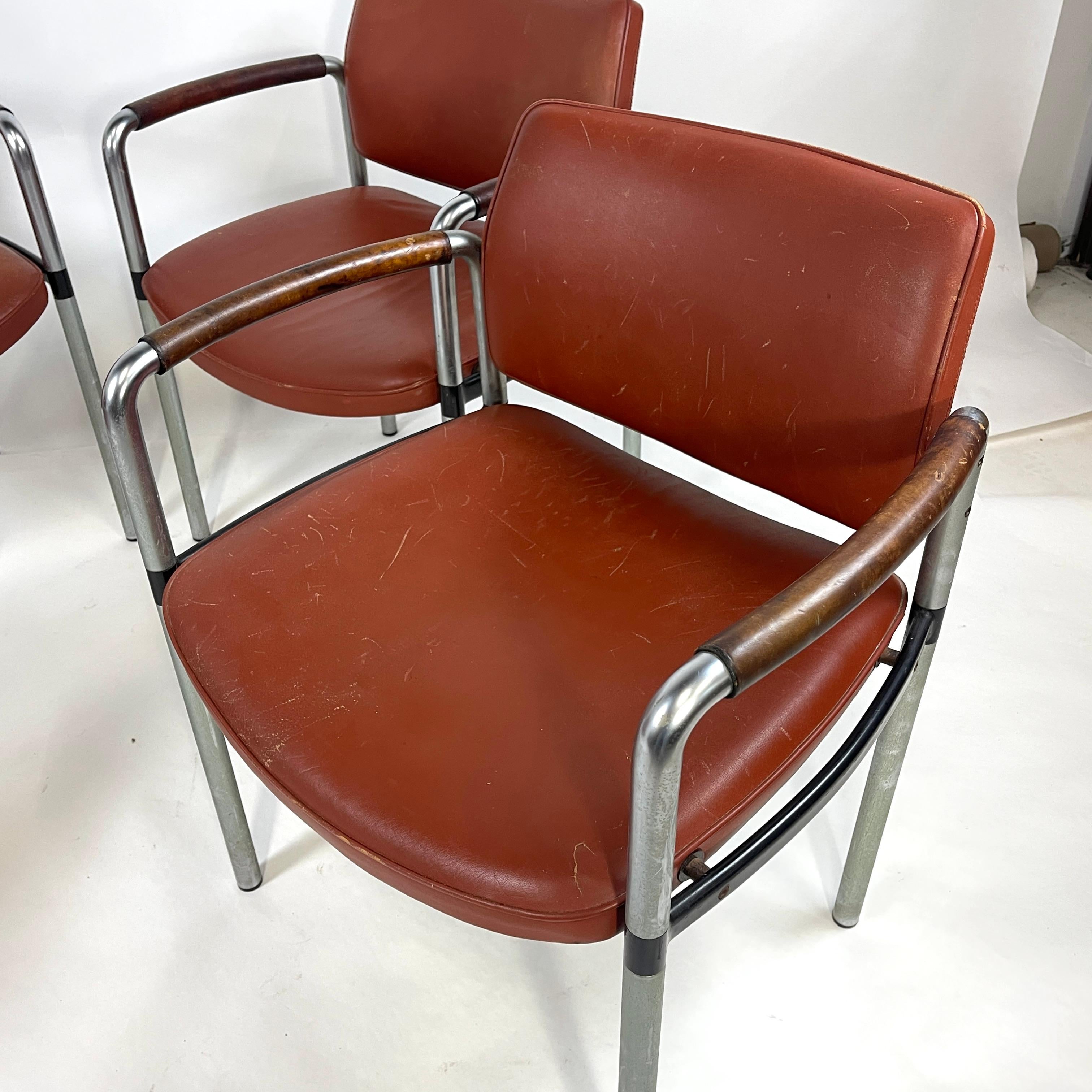 French Deco Modernist Leather and Steel Arm Chairs Machine Age 4 available For Sale 4