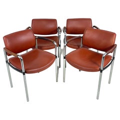 Vintage French Deco Modernist Leather and Steel Arm Chairs Machine Age 4 available