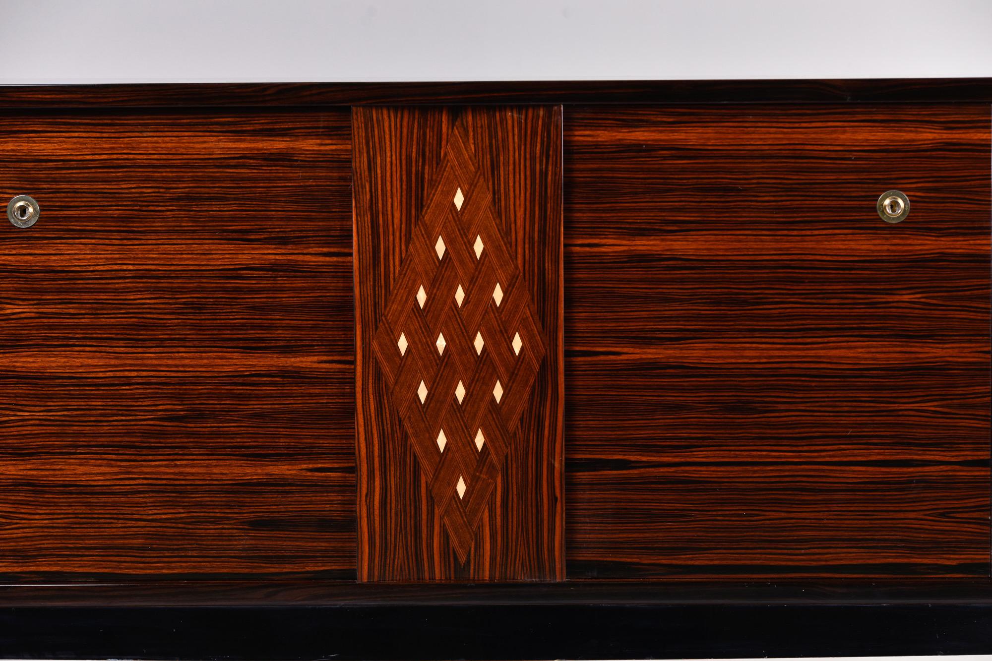 20th Century French Deco Modernist Macassar Buffet or Credenza with Diamond Pattern Inlay