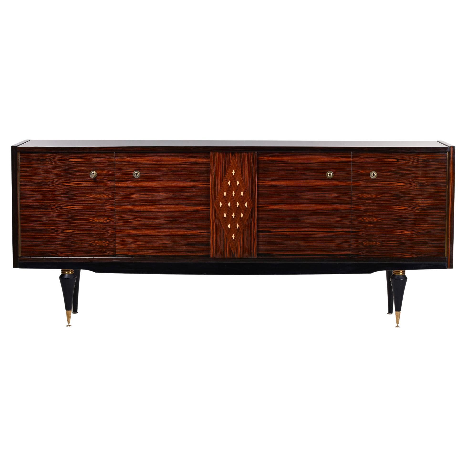 French Deco Modernist Macassar Buffet or Credenza with Diamond Pattern Inlay