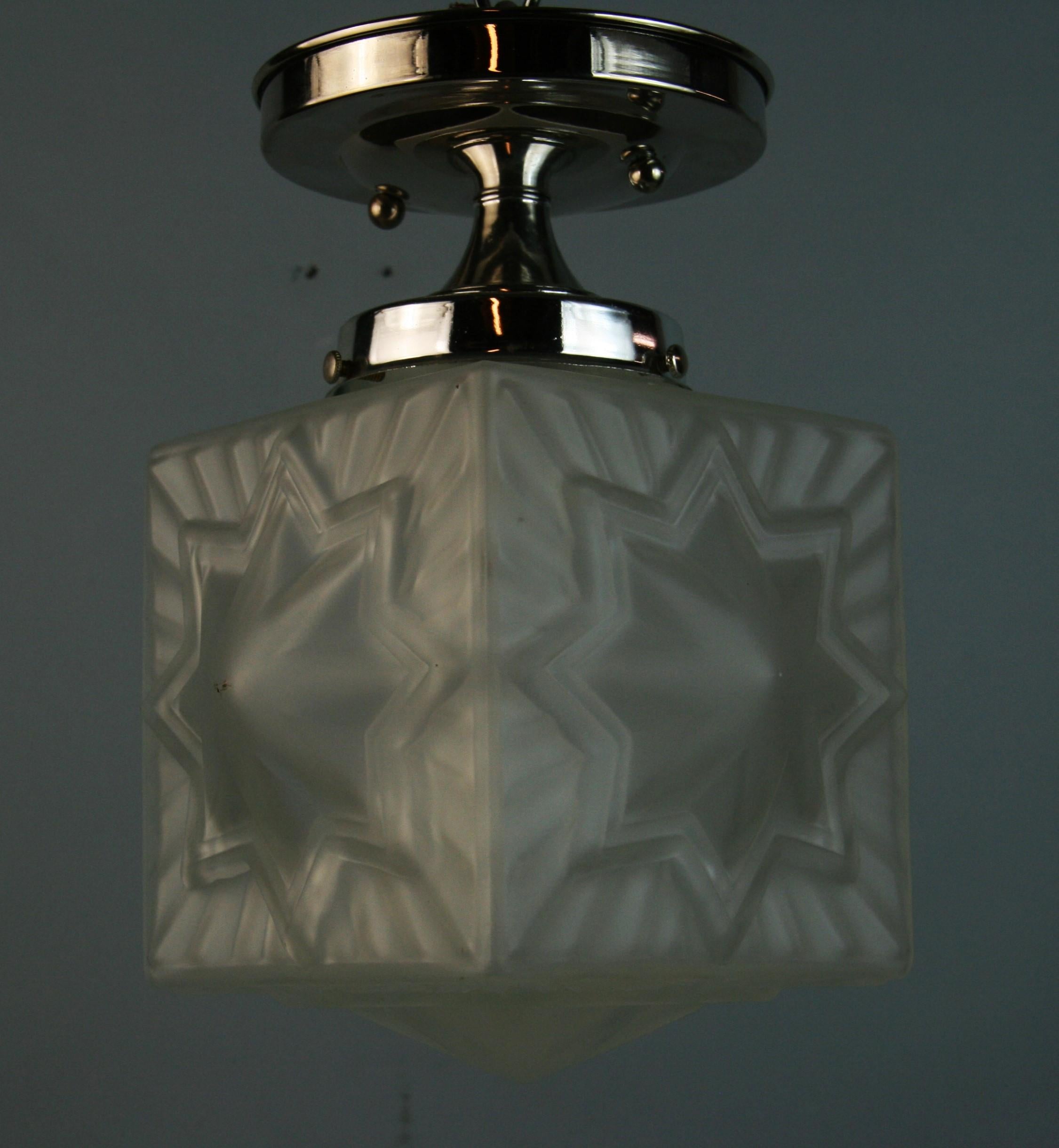 Antique French Deco  Star Frosted Glass Flush Mount '2 Available' In Good Condition For Sale In Douglas Manor, NY