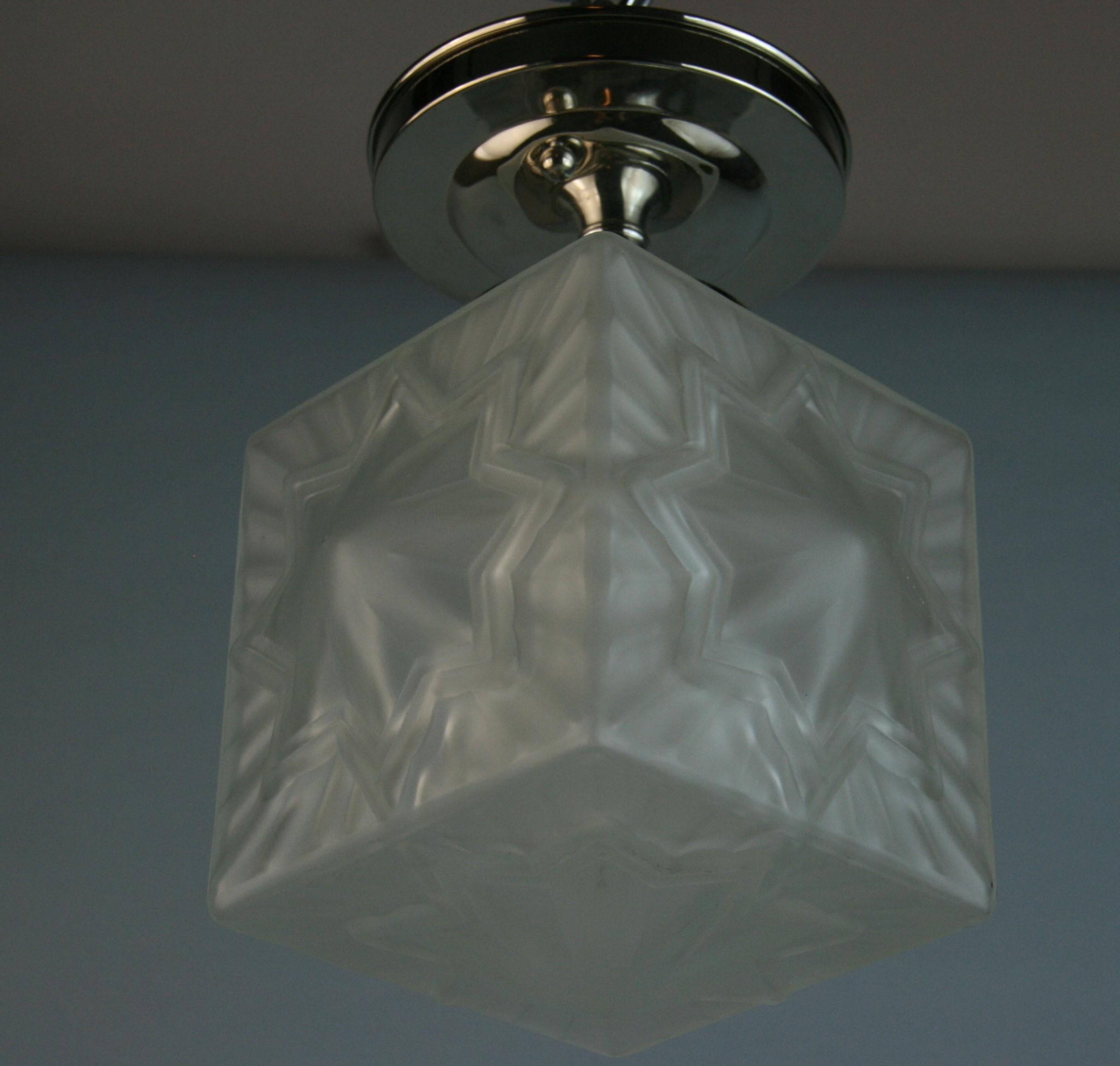 Antique French Deco  Star Frosted Glass Flush Mount '2 Available' For Sale 3