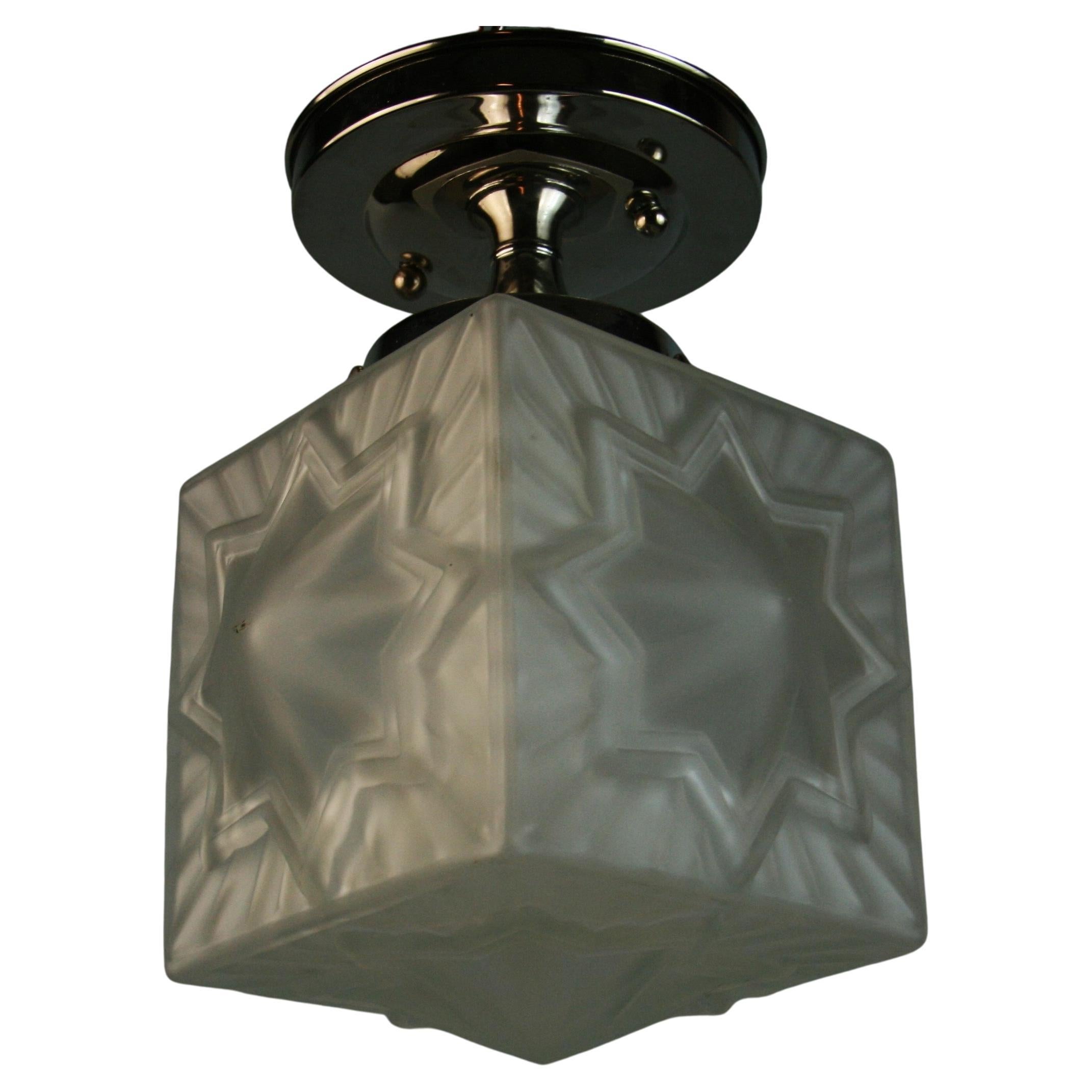 Antique French Deco  Star Frosted Glass Flush Mount '2 Available' For Sale