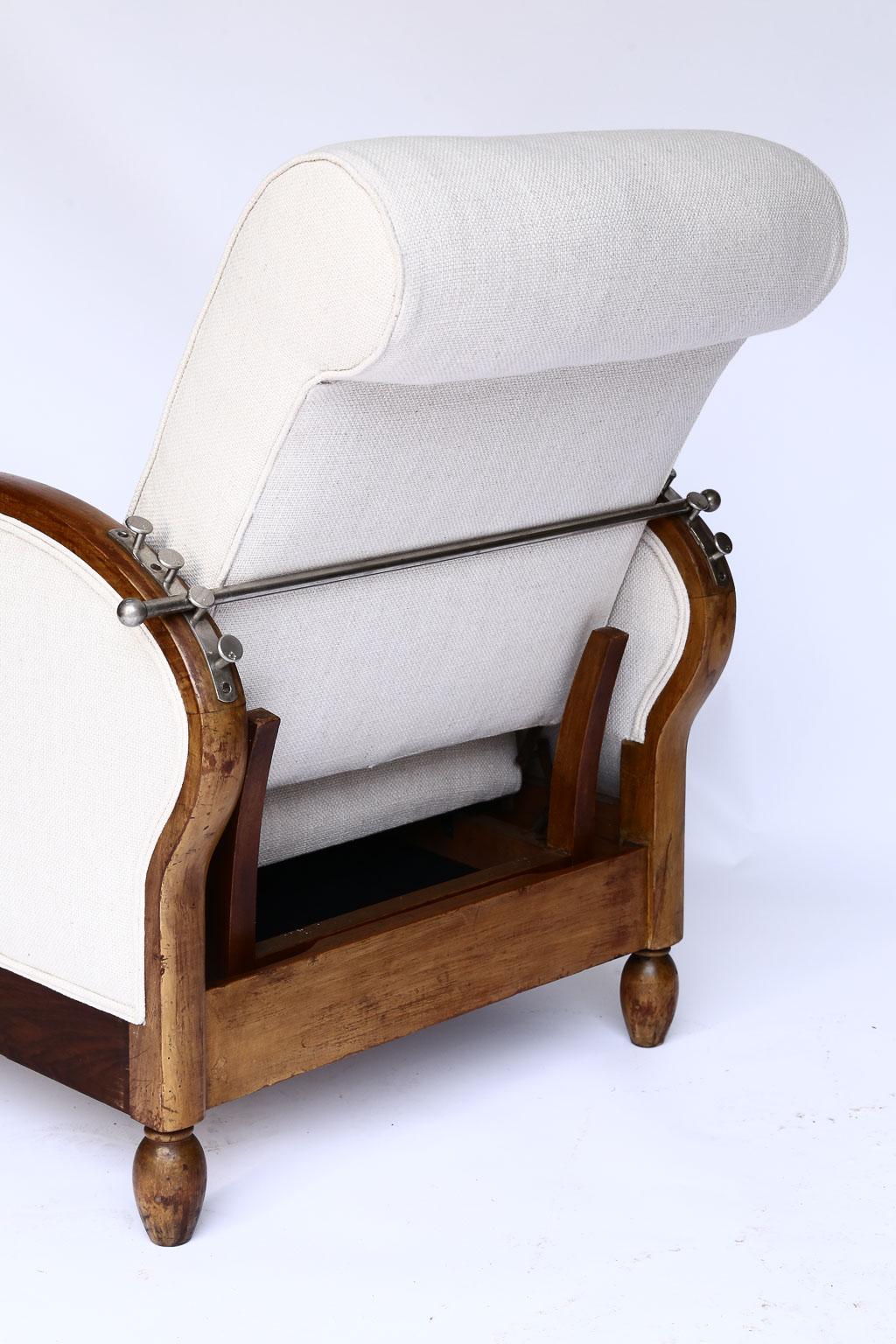 Linen French Deco Reclining Club Chair, circa 1915, Newly Upholstered
