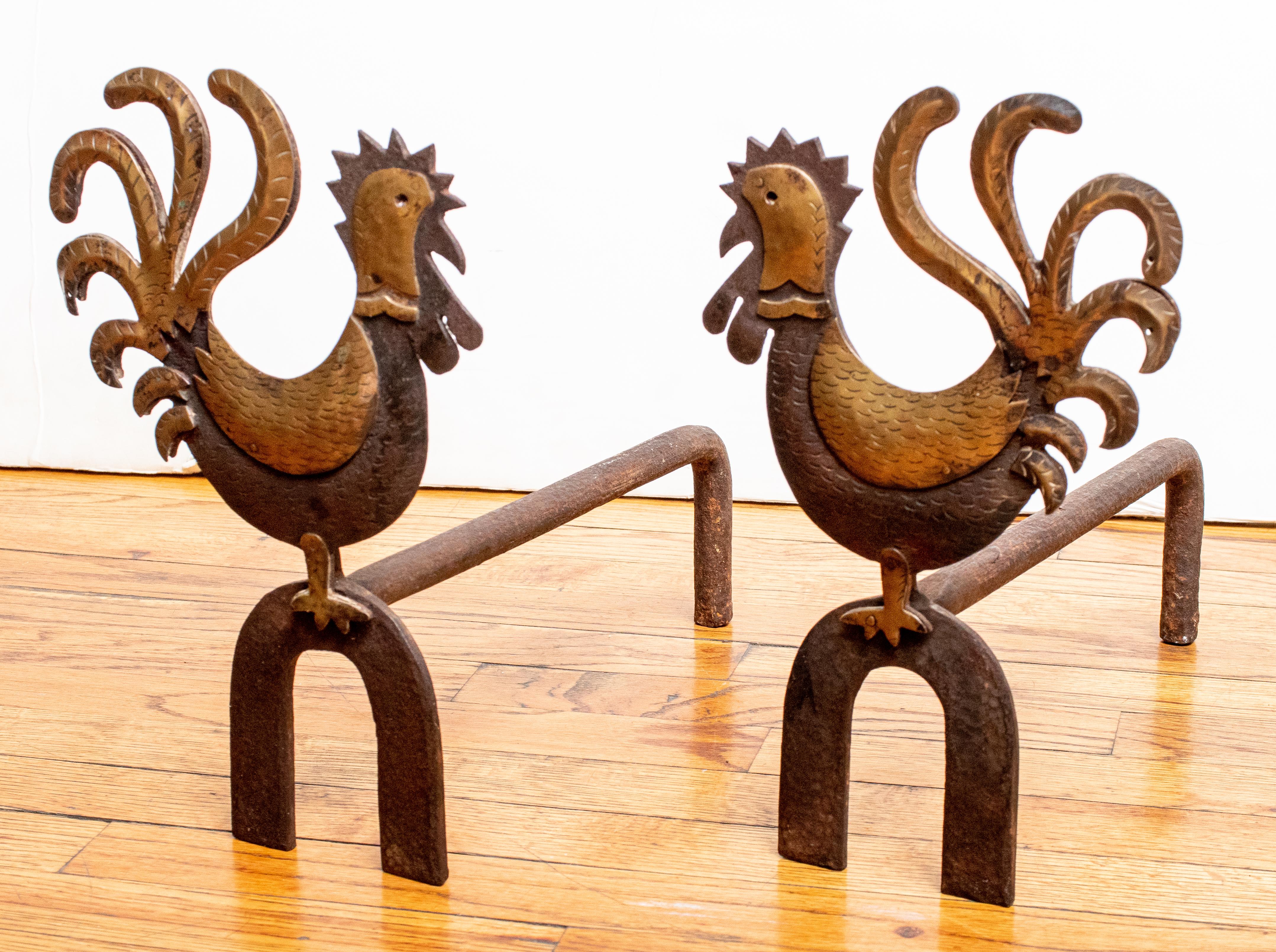 Rooster-Feuerböcke im Art déco-Stil, ein Paar (Französisch)