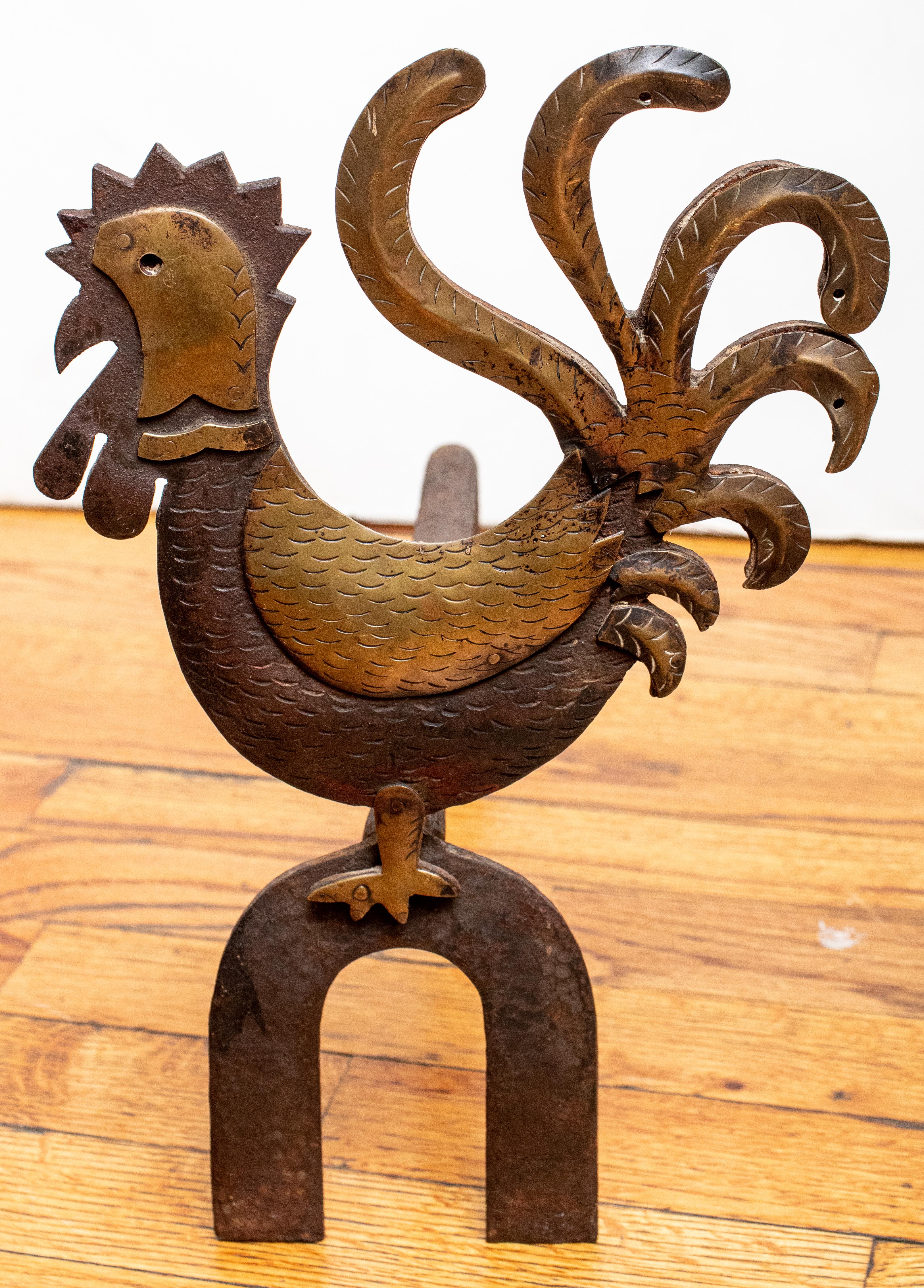 Bronze French Deco Rooster Andirons, a Pair