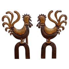 French Deco Rooster Andirons, a Pair
