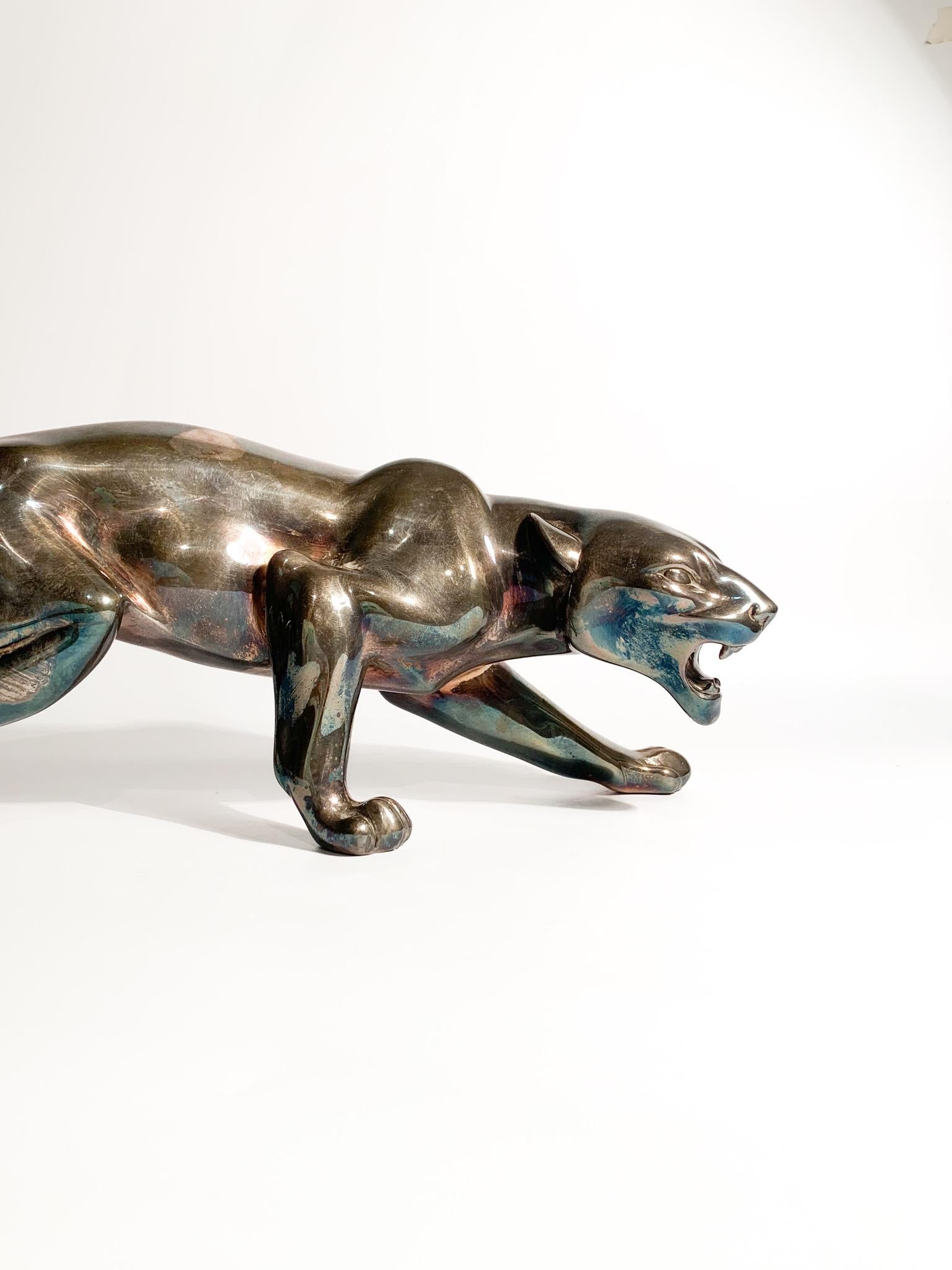 French Deco Sculpture of Feline with Silver Casting from the 1930s In Fair Condition For Sale In Milano, MI