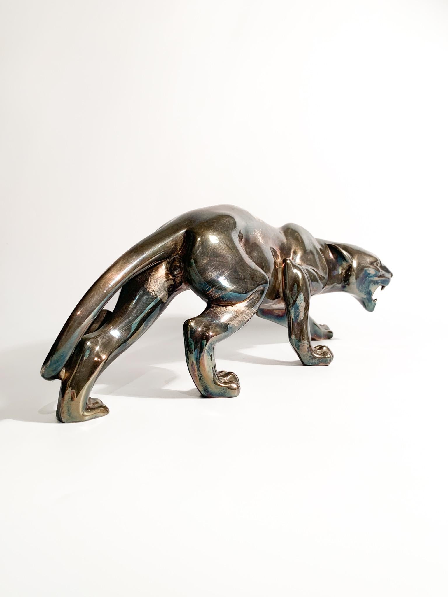 Mid-20th Century French Deco Sculpture of Feline with Silver Casting from the 1930s For Sale