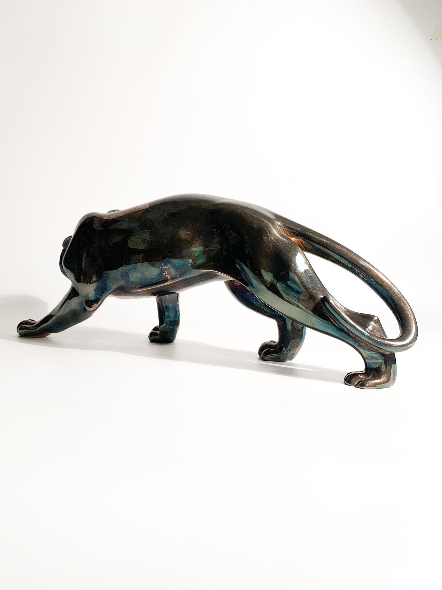 Metal French Deco Sculpture of Feline with Silver Casting from the 1930s For Sale