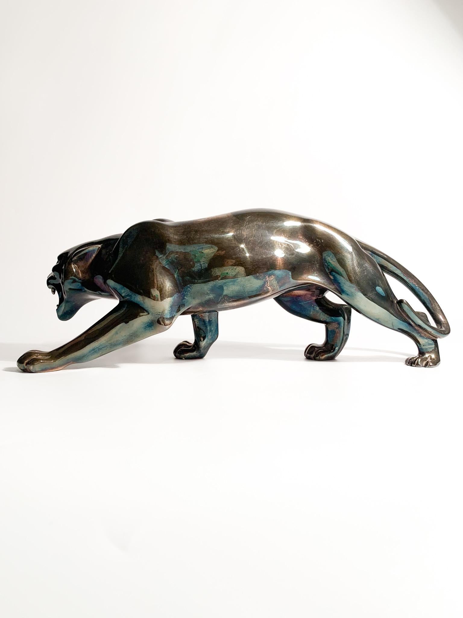 French Deco Sculpture of Feline with Silver Casting from the 1930s For Sale 1