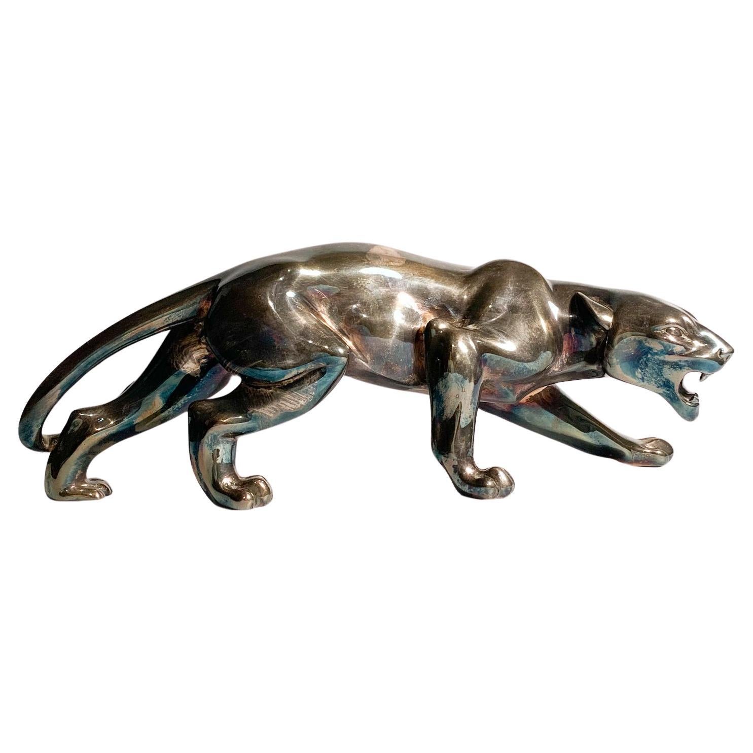 French Deco Sculpture of Feline with Silver Casting from the 1930s For Sale