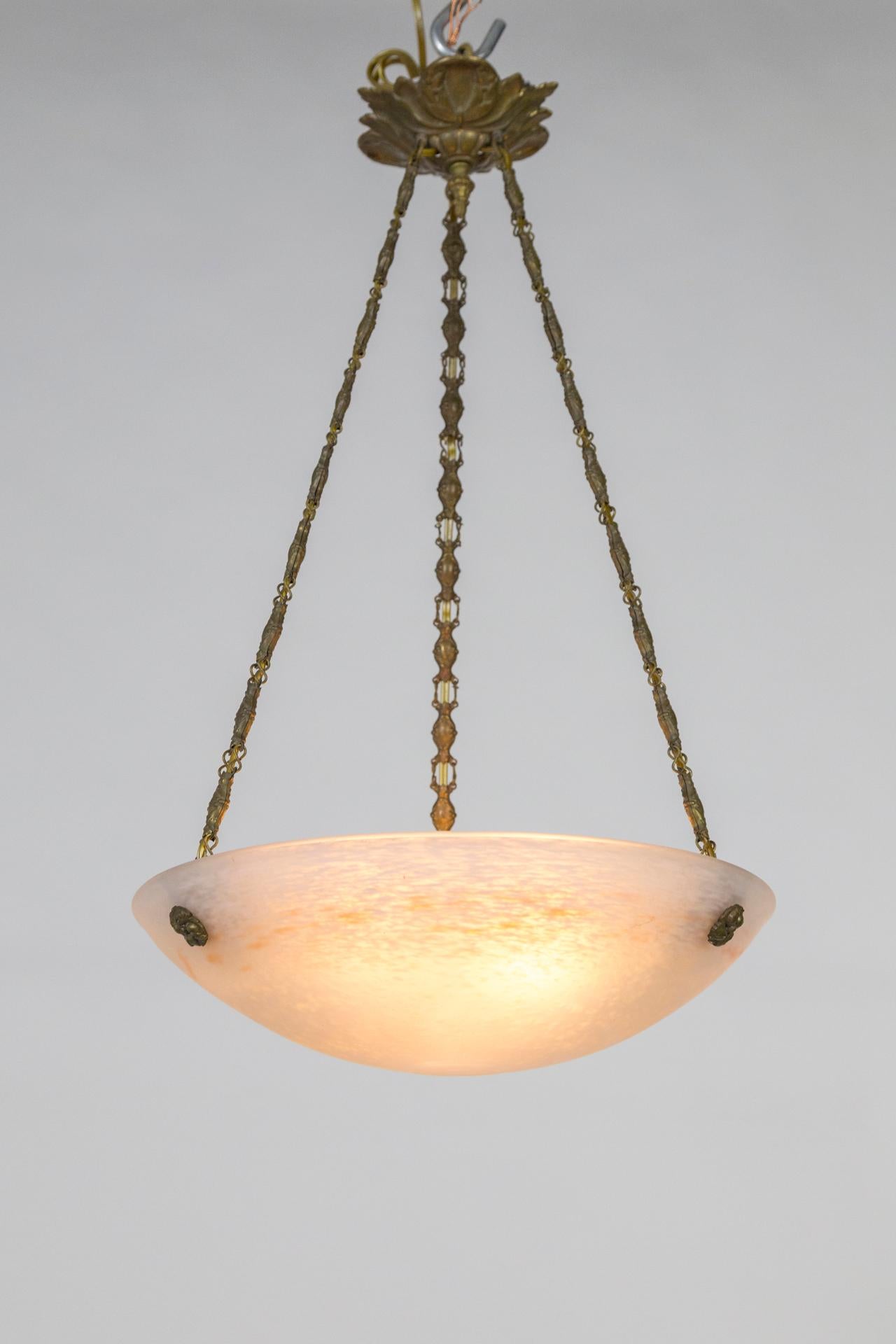 French Deco Shallow Art Glass Bowl Pendant Light by Charles Schneider 4