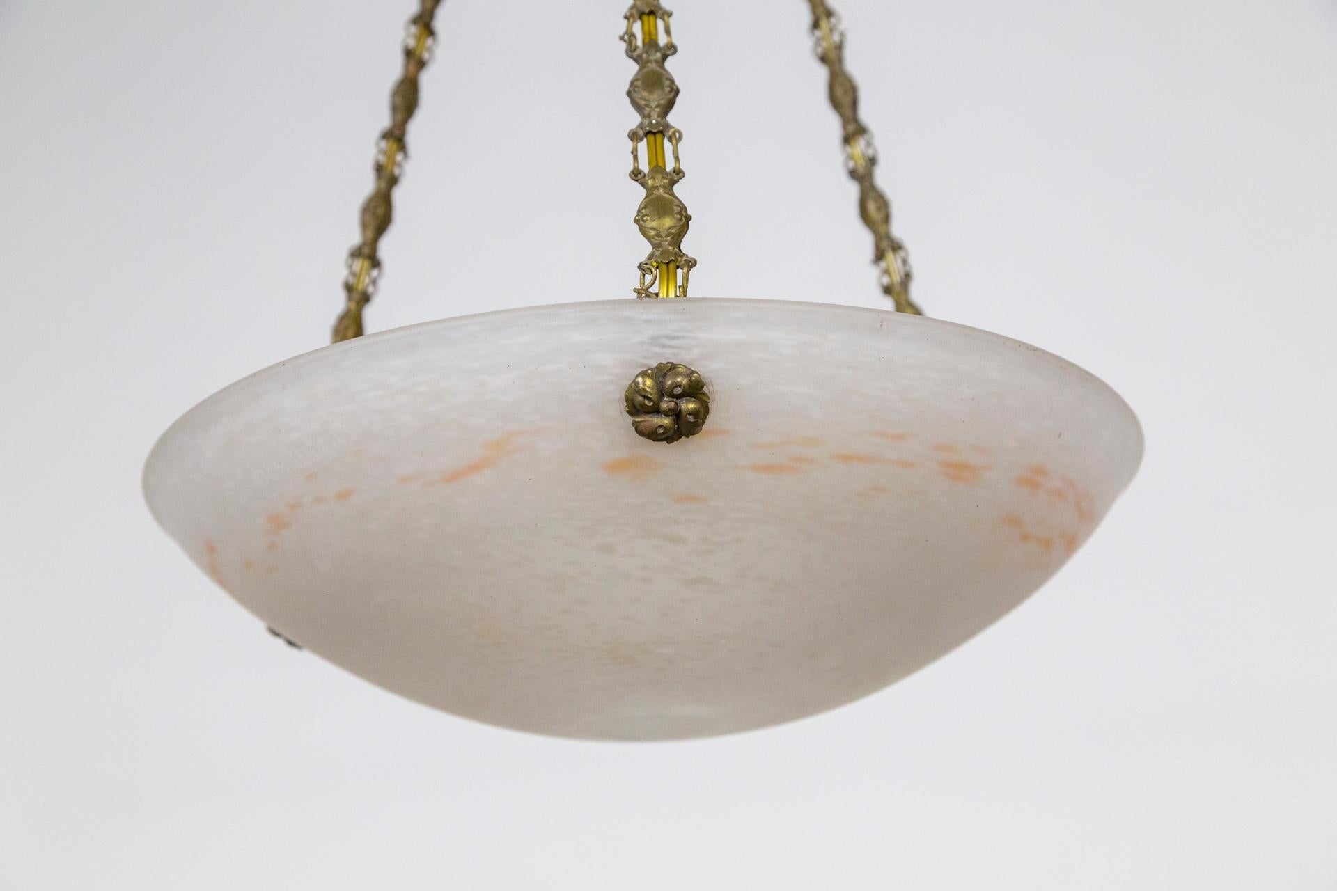 Early 20th Century French Deco Shallow Art Glass Bowl Pendant Light by Charles Schneider