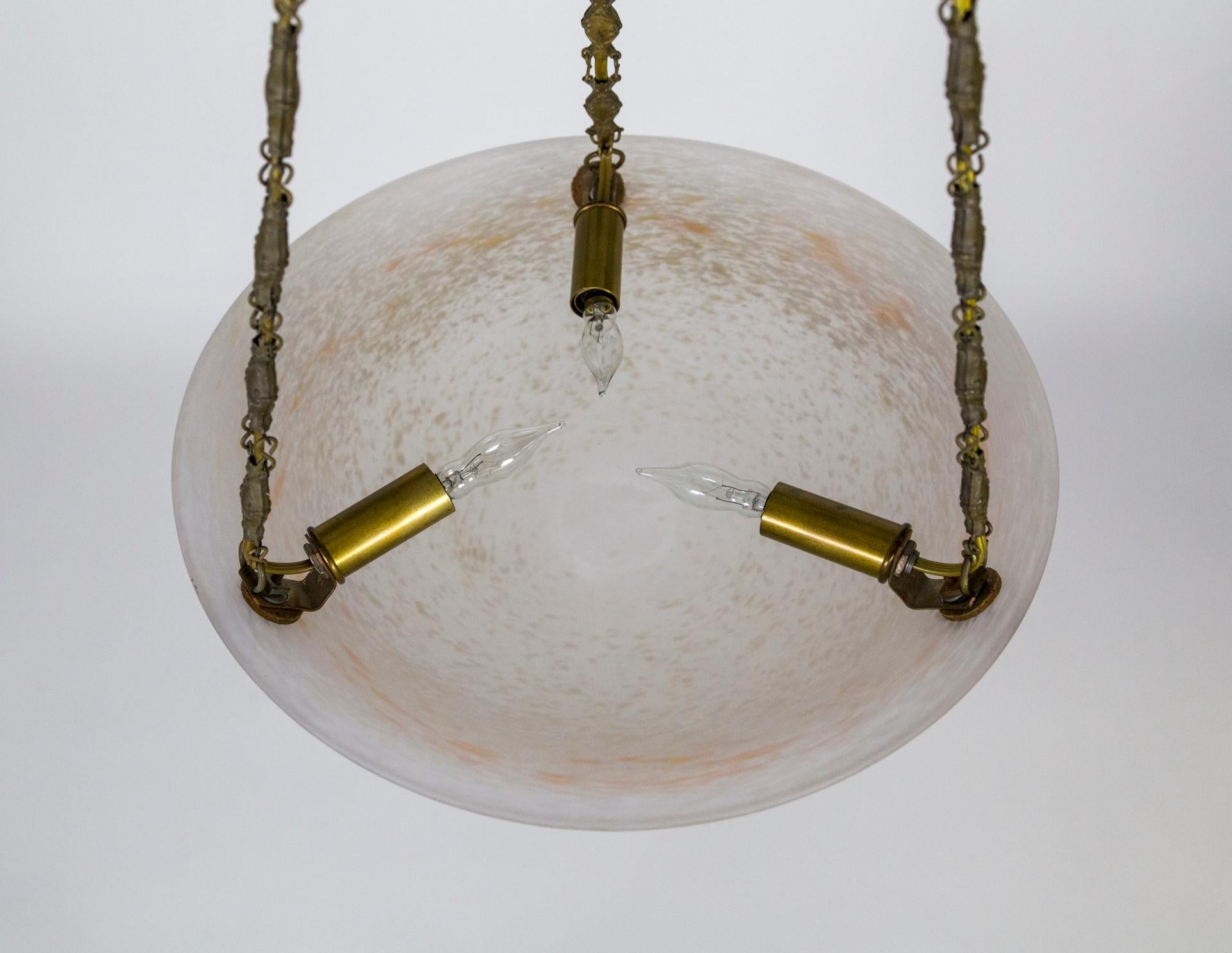 Brass French Deco Shallow Art Glass Bowl Pendant Light by Charles Schneider