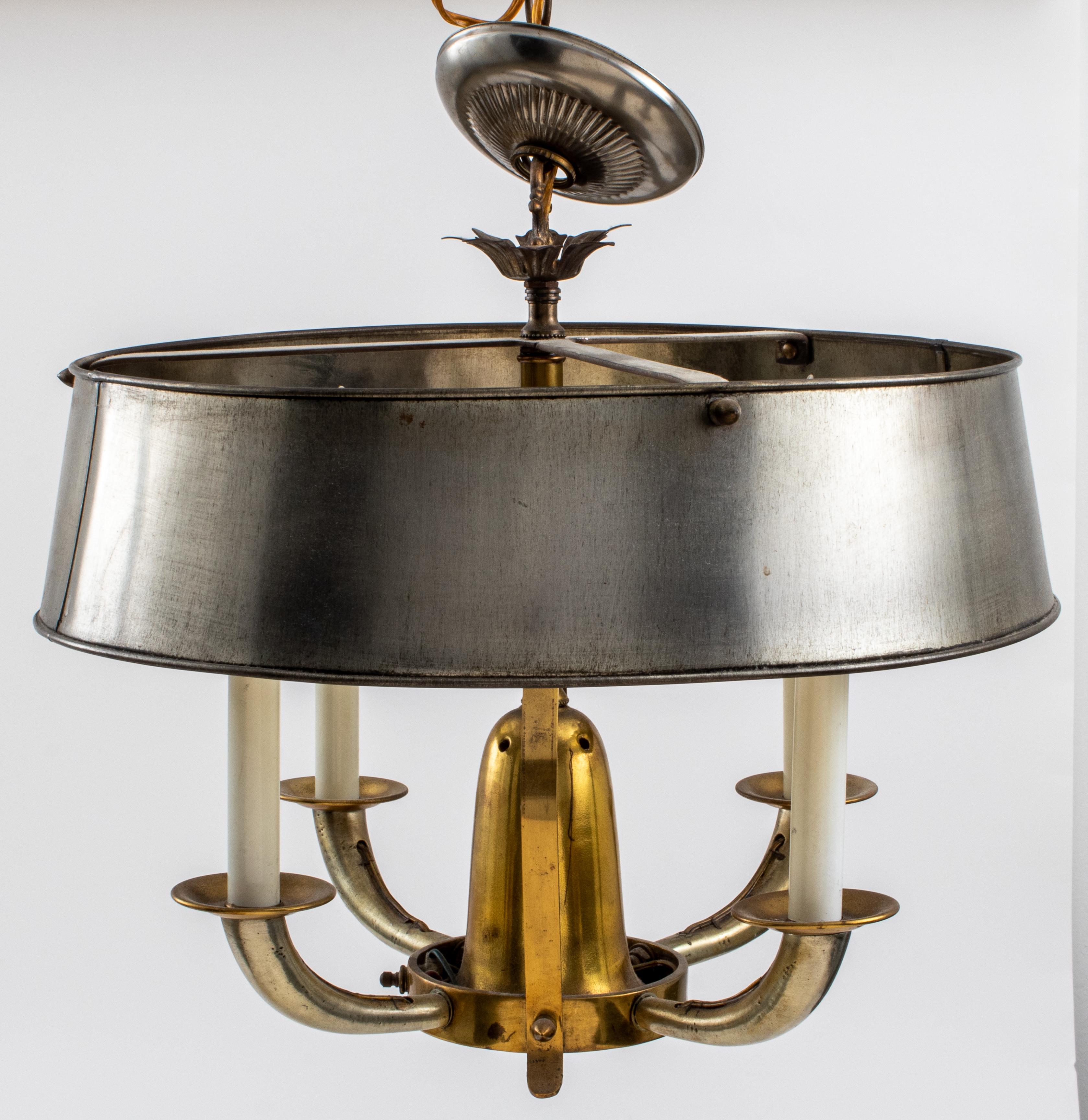 French Deco Steel & Brass Bouillotte Chandelier In Good Condition In Astoria, NY