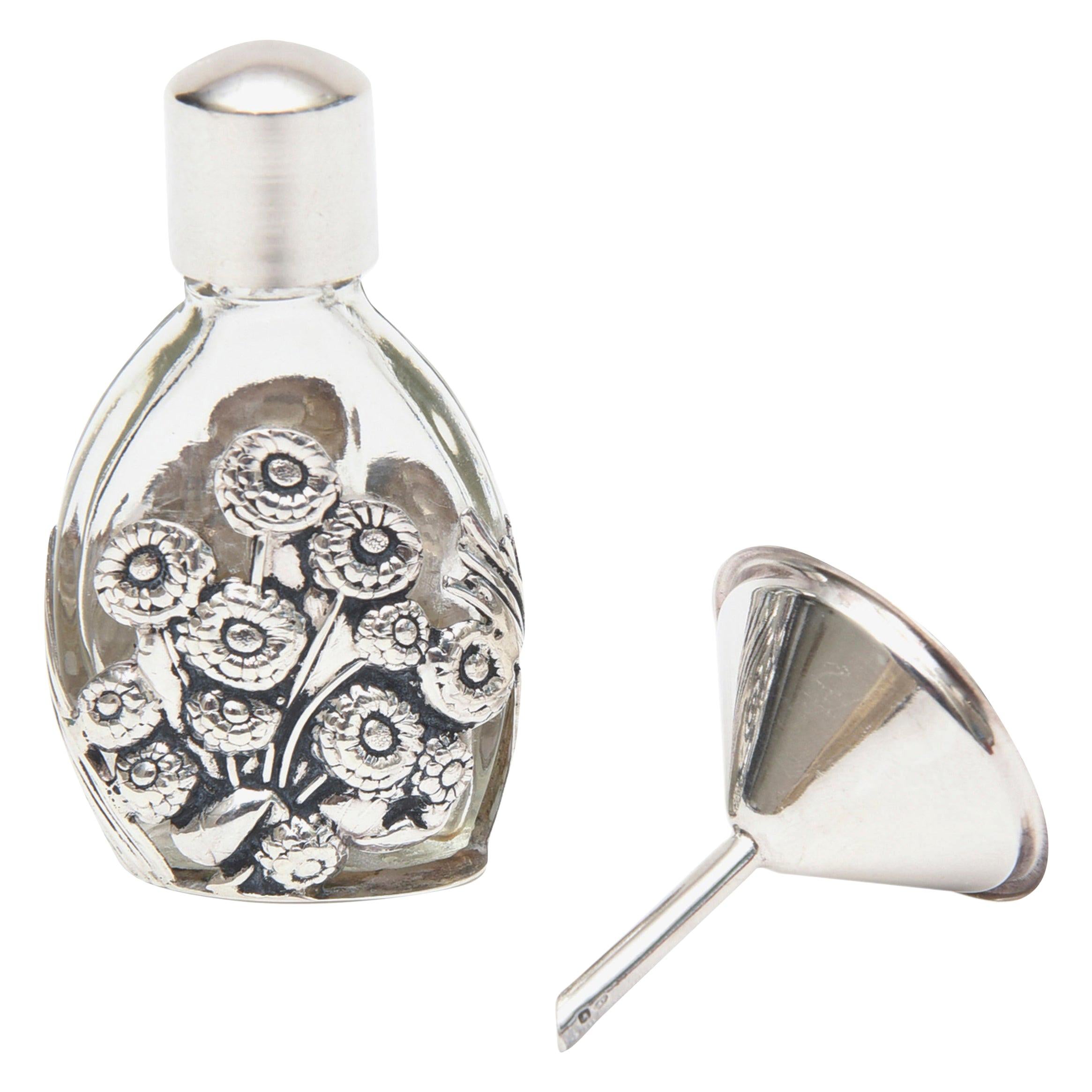 French Deco Sterling Silver & Glass Traveling Perfume Bottle and Funnel