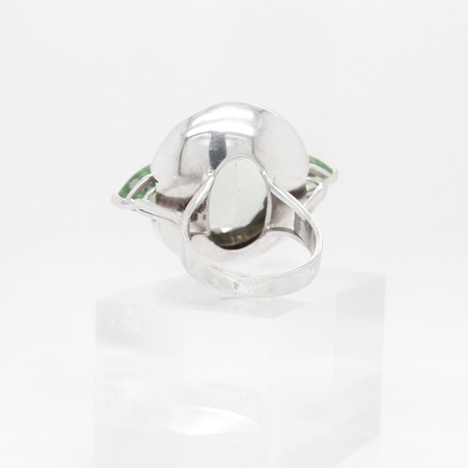 French Deco Style 18K White Gold Green Beryl & Tsavorite Garnet Cocktail Ring For Sale 6