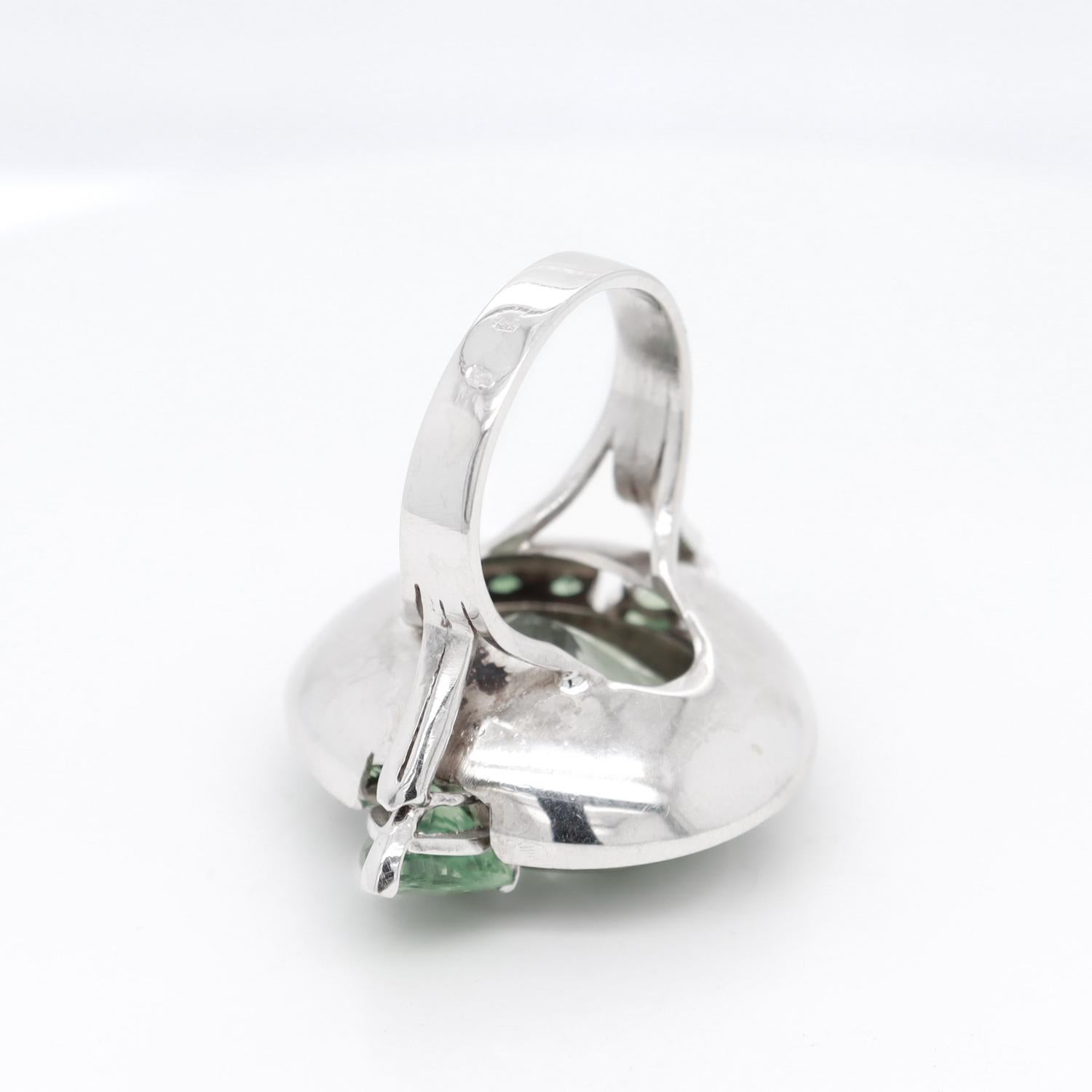 French Deco Style 18K White Gold Green Beryl & Tsavorite Garnet Cocktail Ring For Sale 7