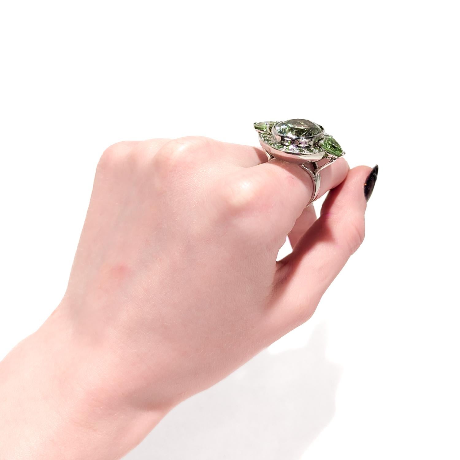 French Deco Style 18K White Gold Green Beryl & Tsavorite Garnet Cocktail Ring For Sale 13