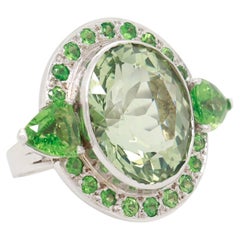French Deco Style 18K White Gold Green Beryl & Tsavorite Garnet Cocktail Ring