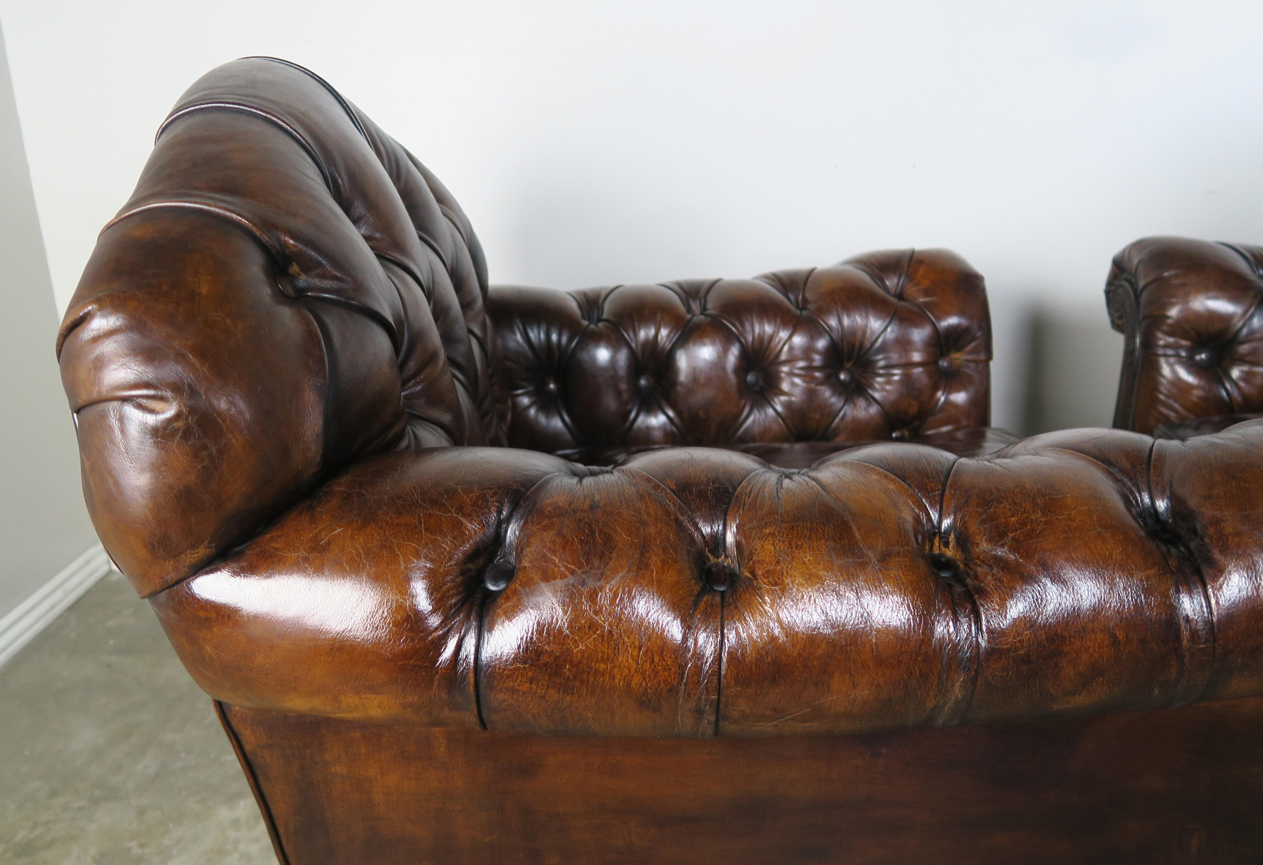 French Deco Style Leather Tufted Armchairs, Pair 4