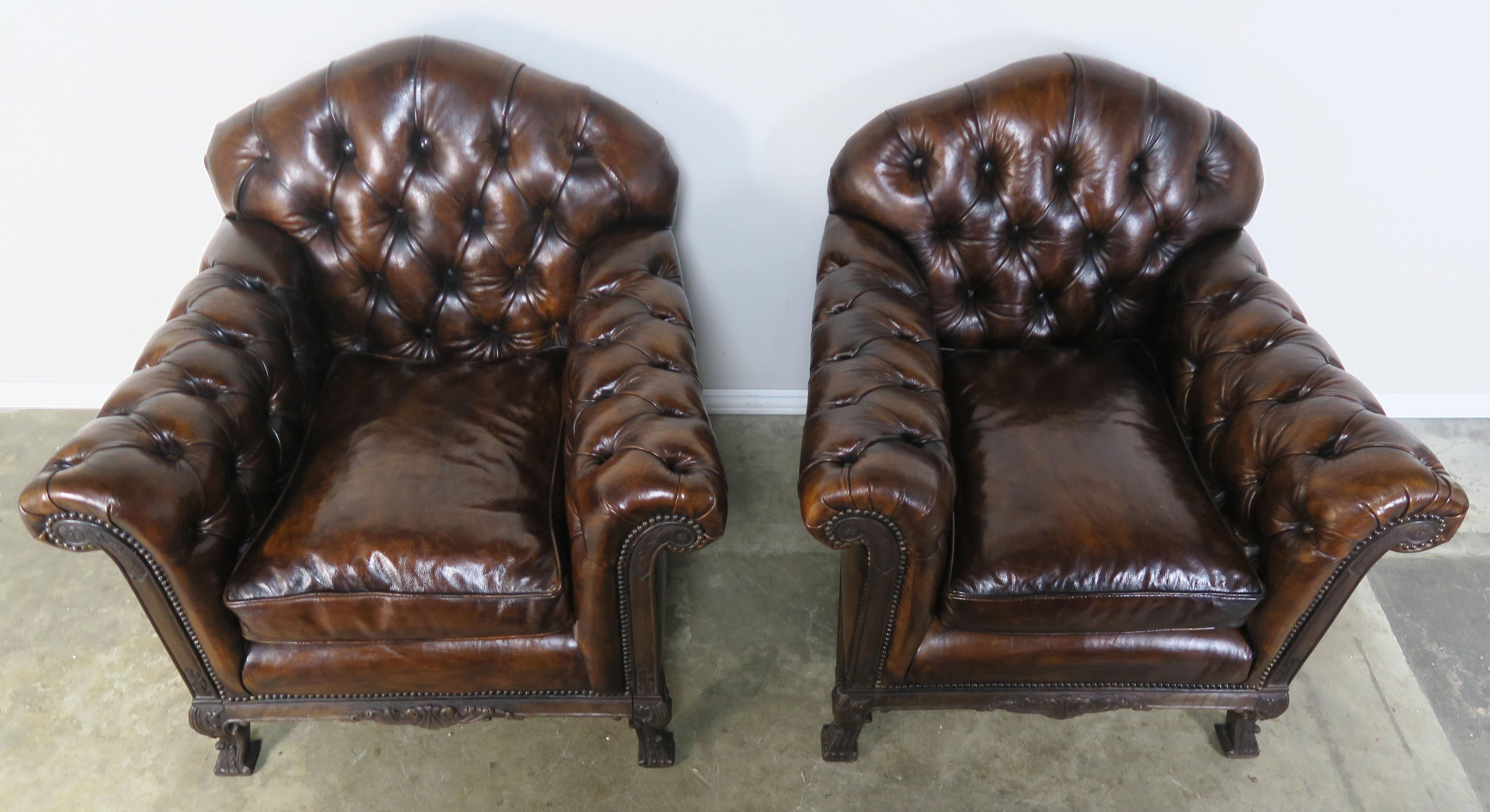 French Deco Style Leather Tufted Armchairs, Pair 5