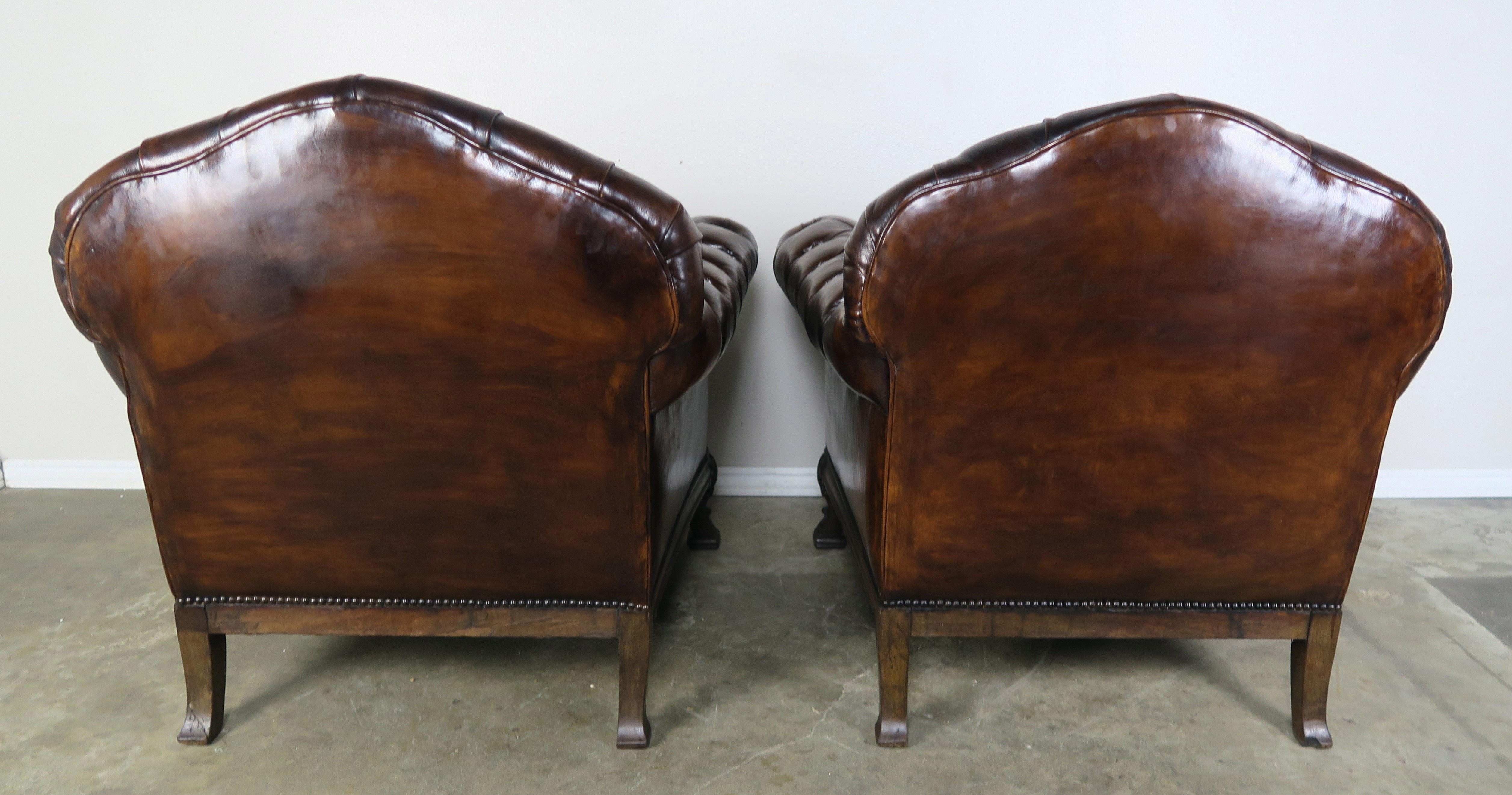 French Deco Style Leather Tufted Armchairs, Pair 6