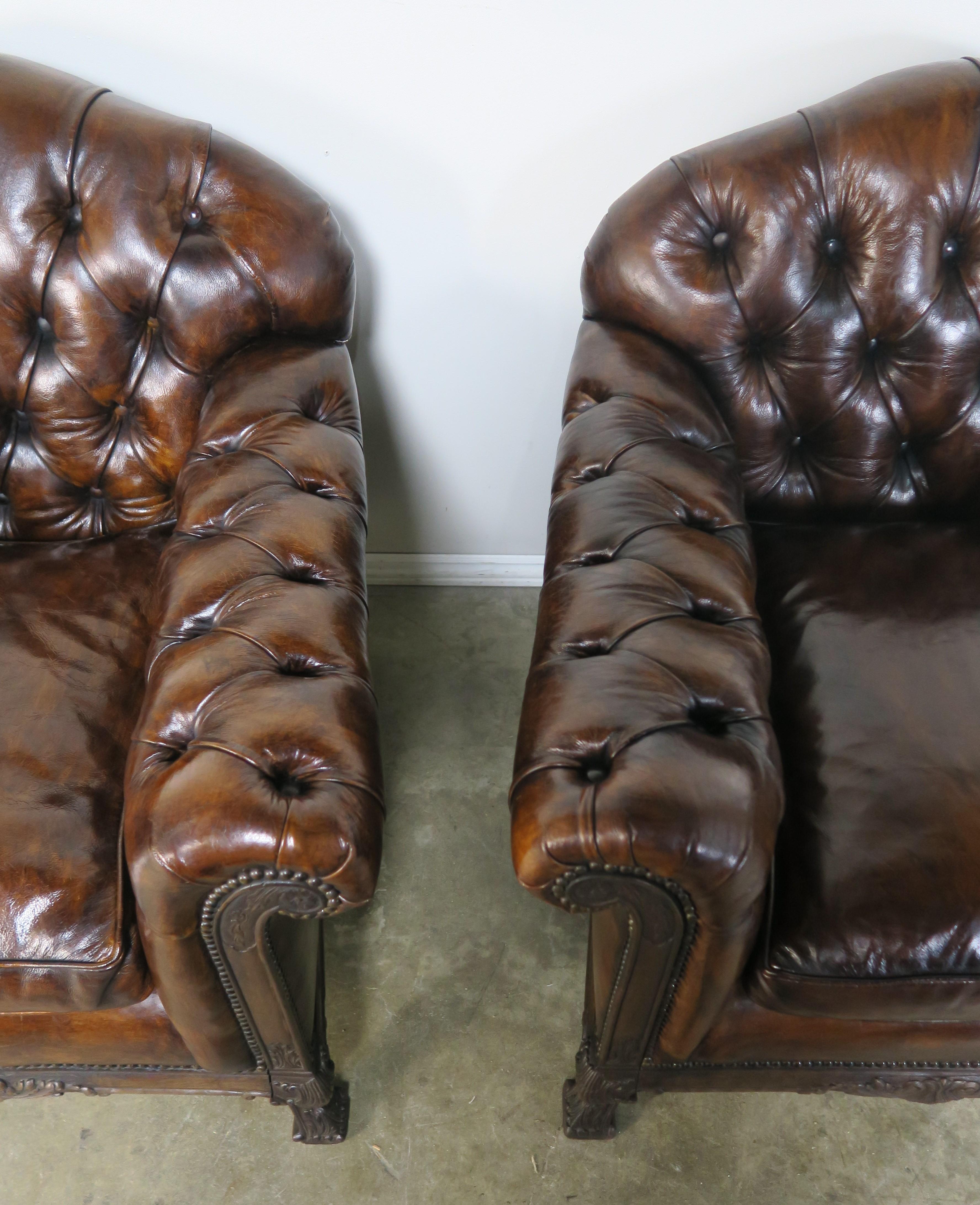 French Deco Style Leather Tufted Armchairs, Pair 7