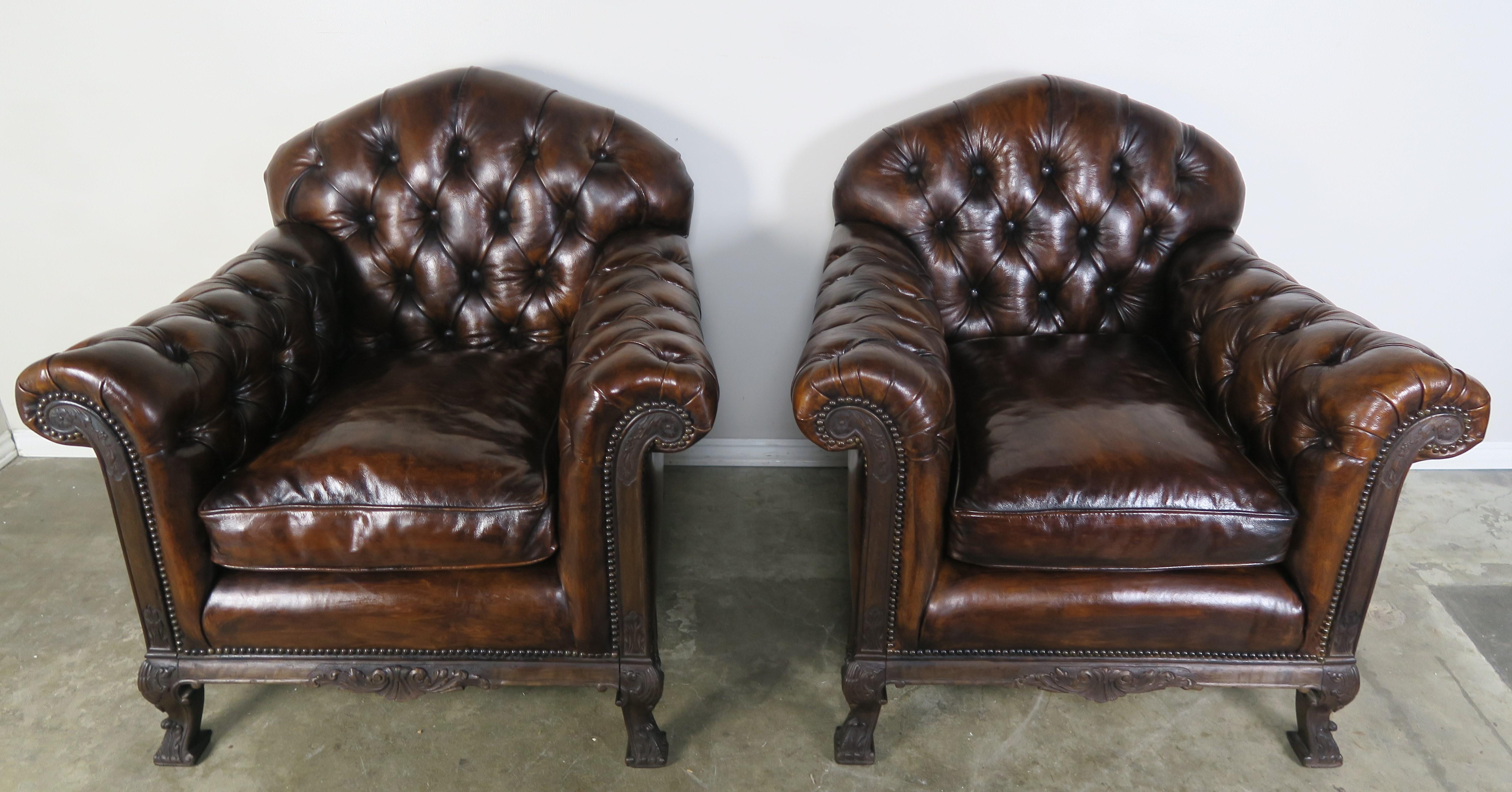 French Deco Style Leather Tufted Armchairs, Pair 8