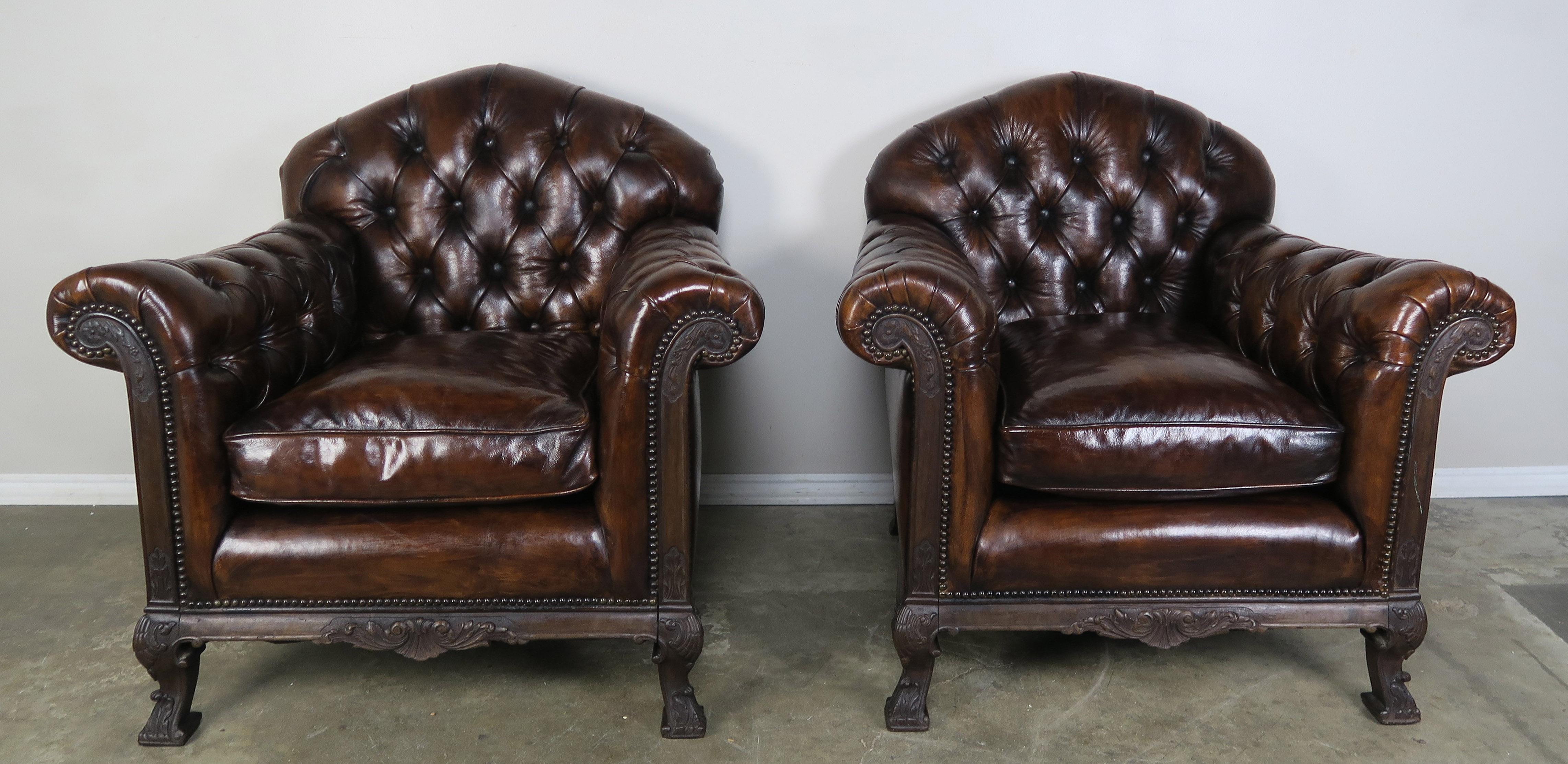 Art Deco French Deco Style Leather Tufted Armchairs, Pair