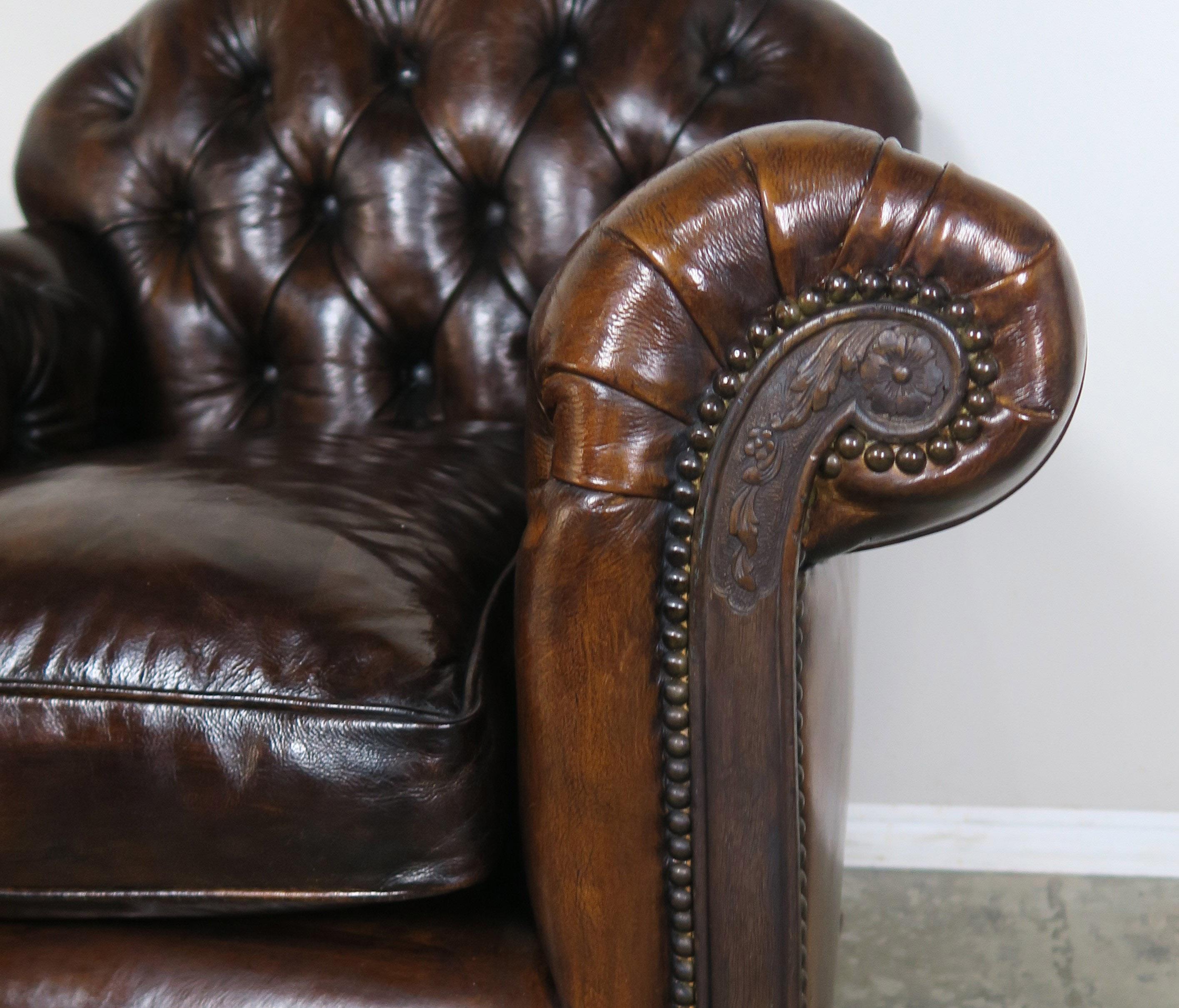 Early 20th Century French Deco Style Leather Tufted Armchairs, Pair