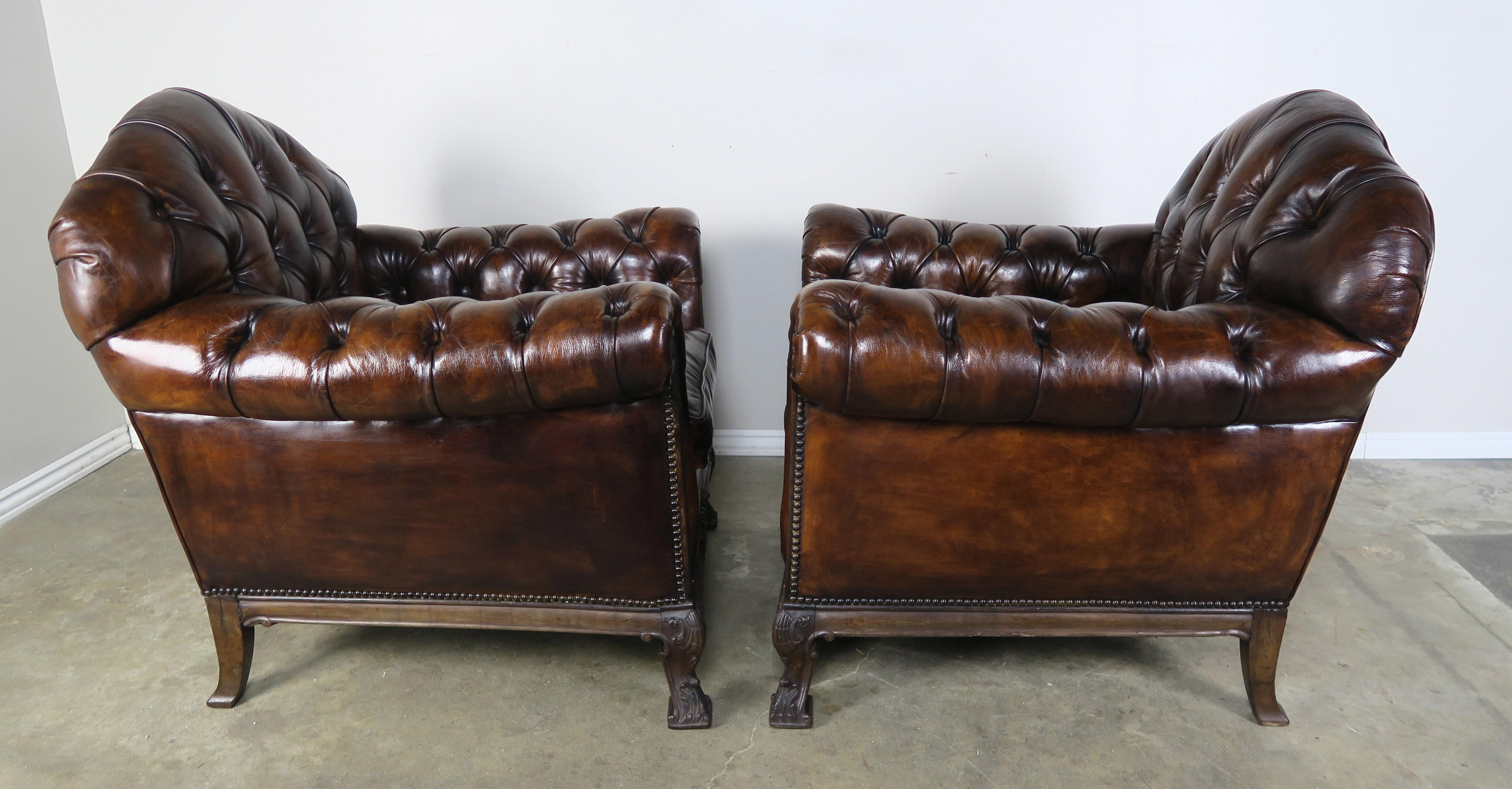 French Deco Style Leather Tufted Armchairs, Pair 2