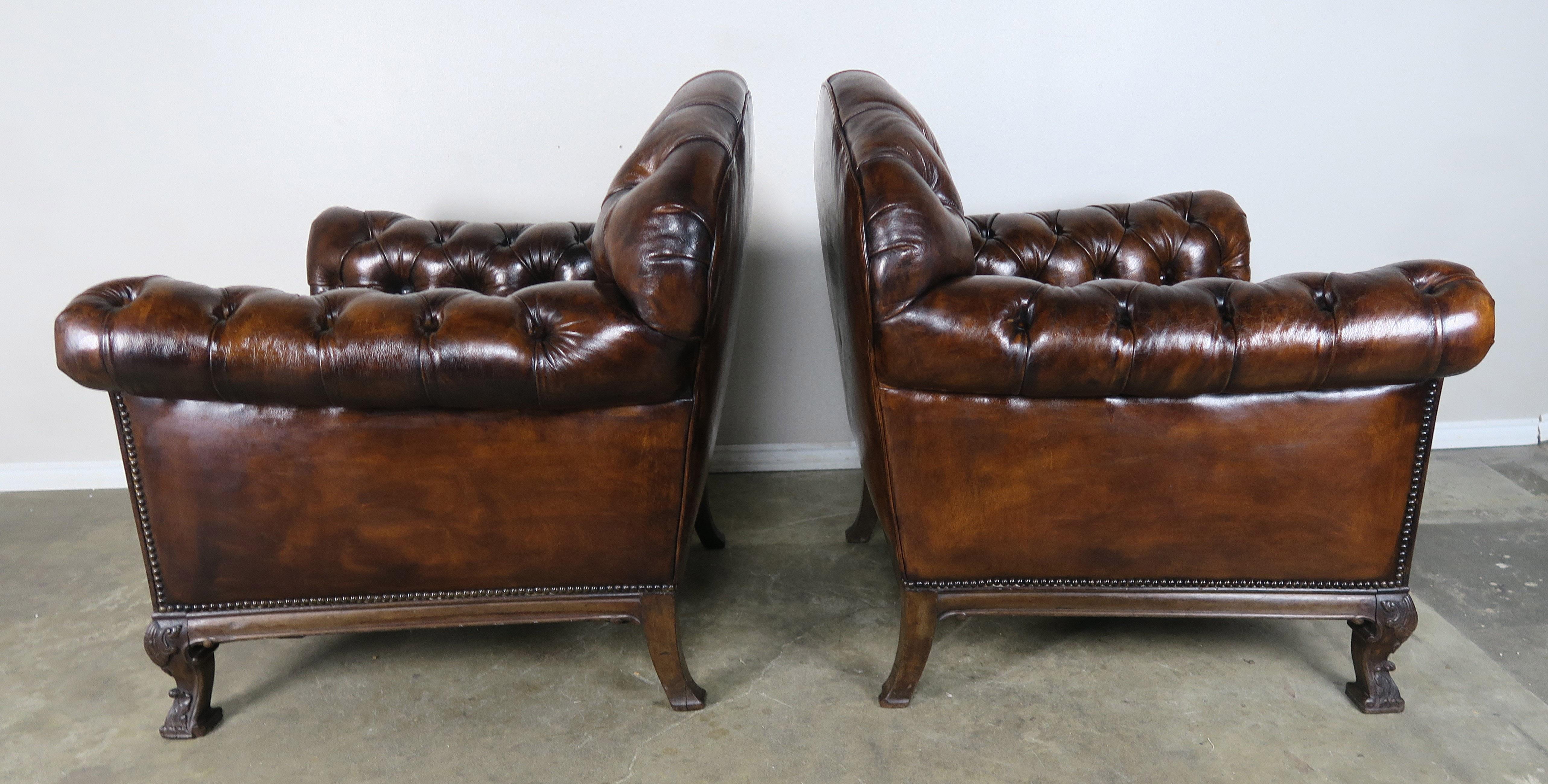 French Deco Style Leather Tufted Armchairs, Pair 3
