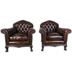 Antique French Deco Style Leather Tufted Armchairs, Pair