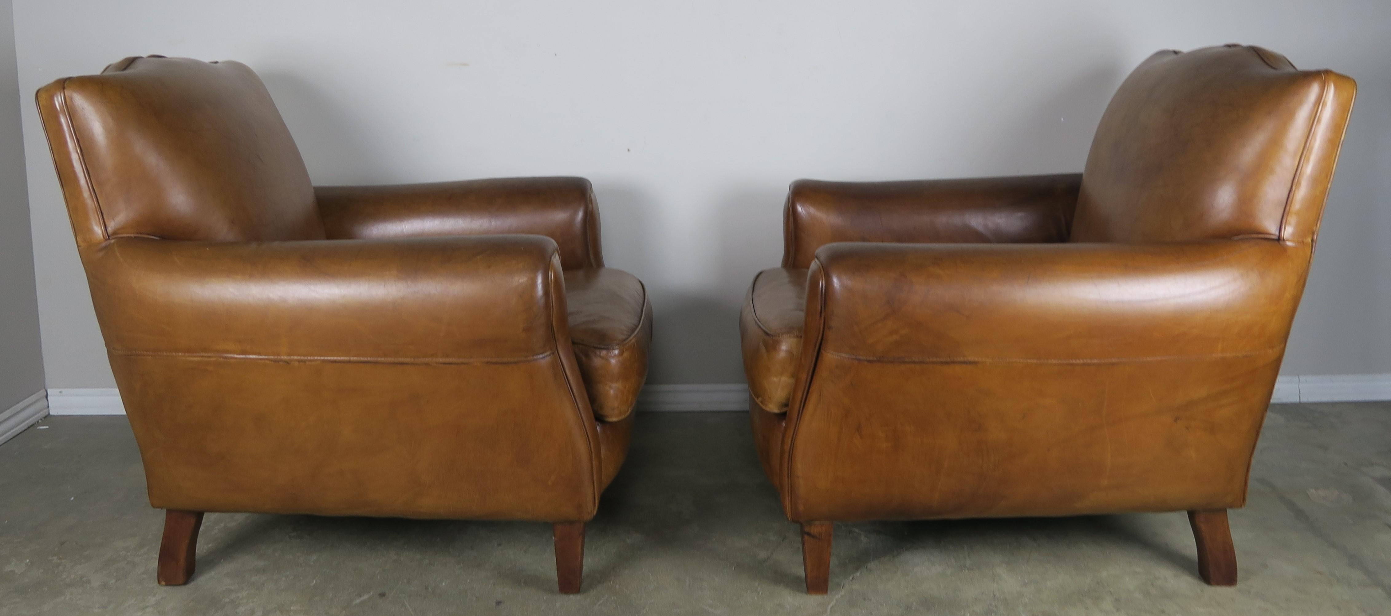 Art Deco French Deco Style Mustache Shaped Leather Armchairs, circa 1930s, Pair