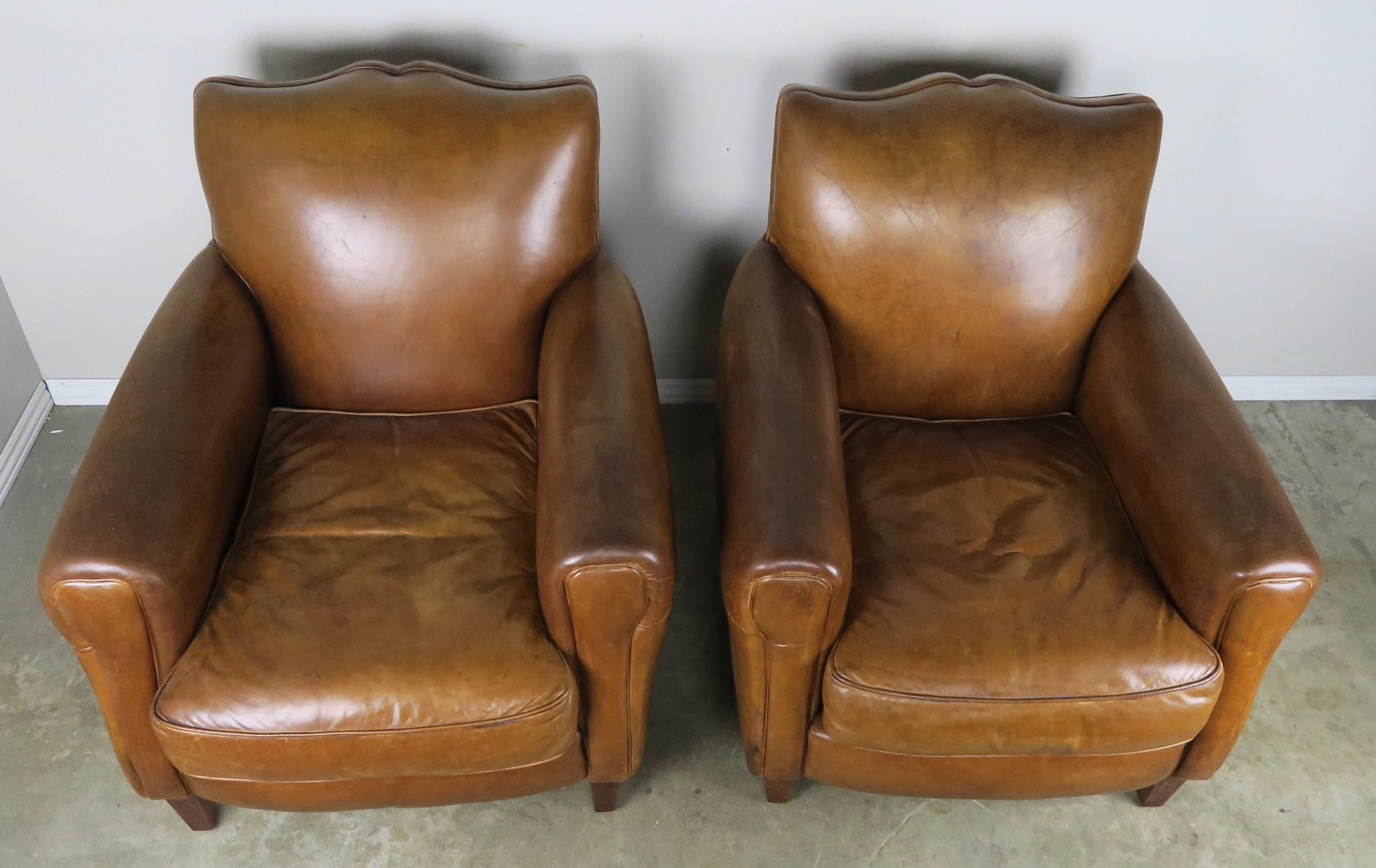 French Deco Style Mustache Shaped Leather Armchairs, circa 1930s, Pair 1