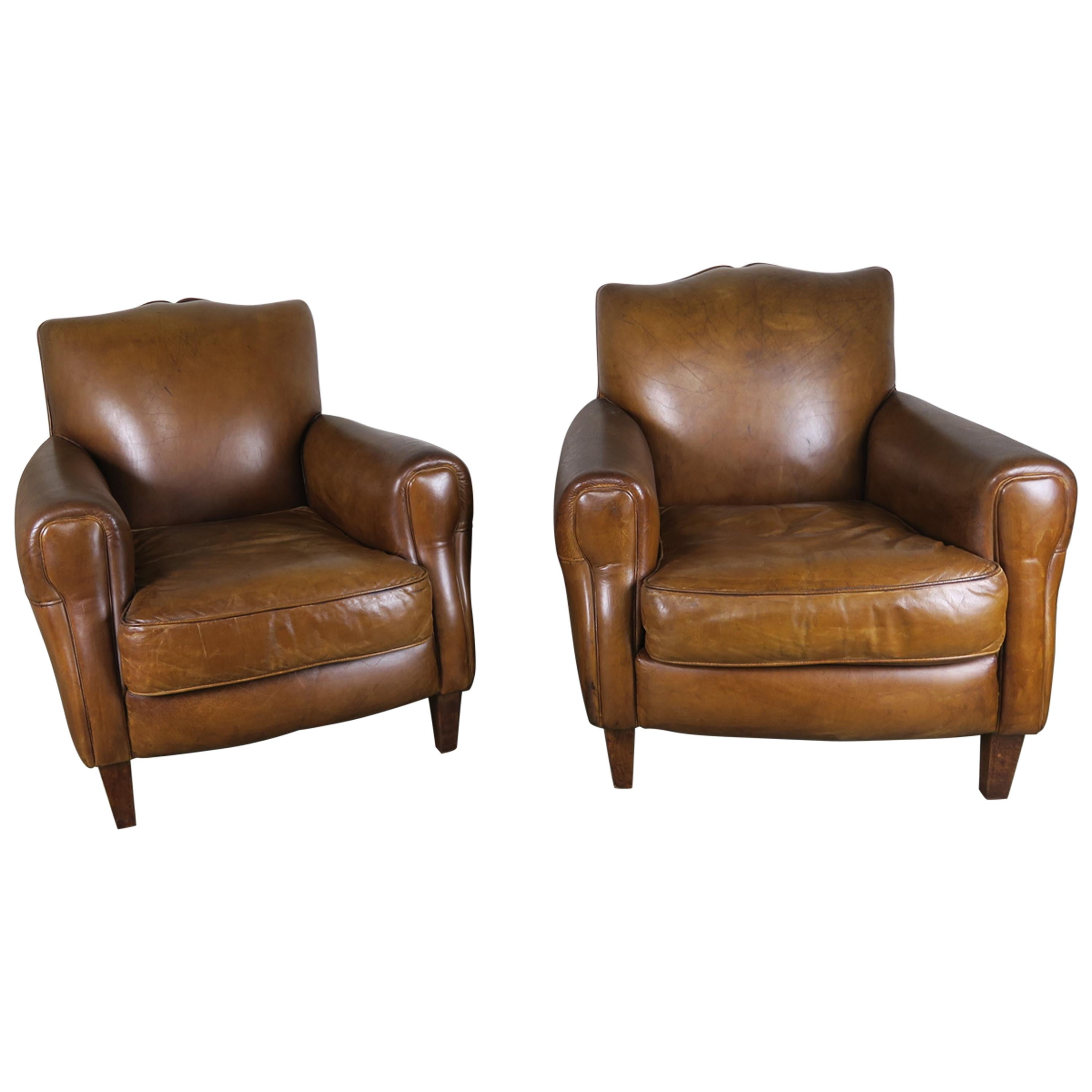French Deco Style Mustache Shaped Leather Armchairs, circa 1930s, Pair
